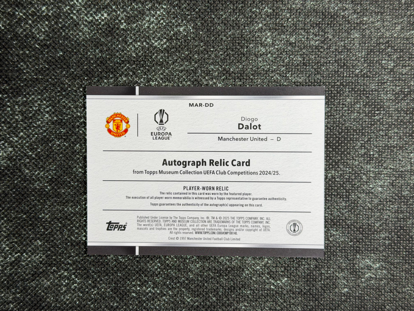 2024-25 Topps Museum Collection UEFA Club Competitions Autograph Relic Card 077/150 - Diego Dalot