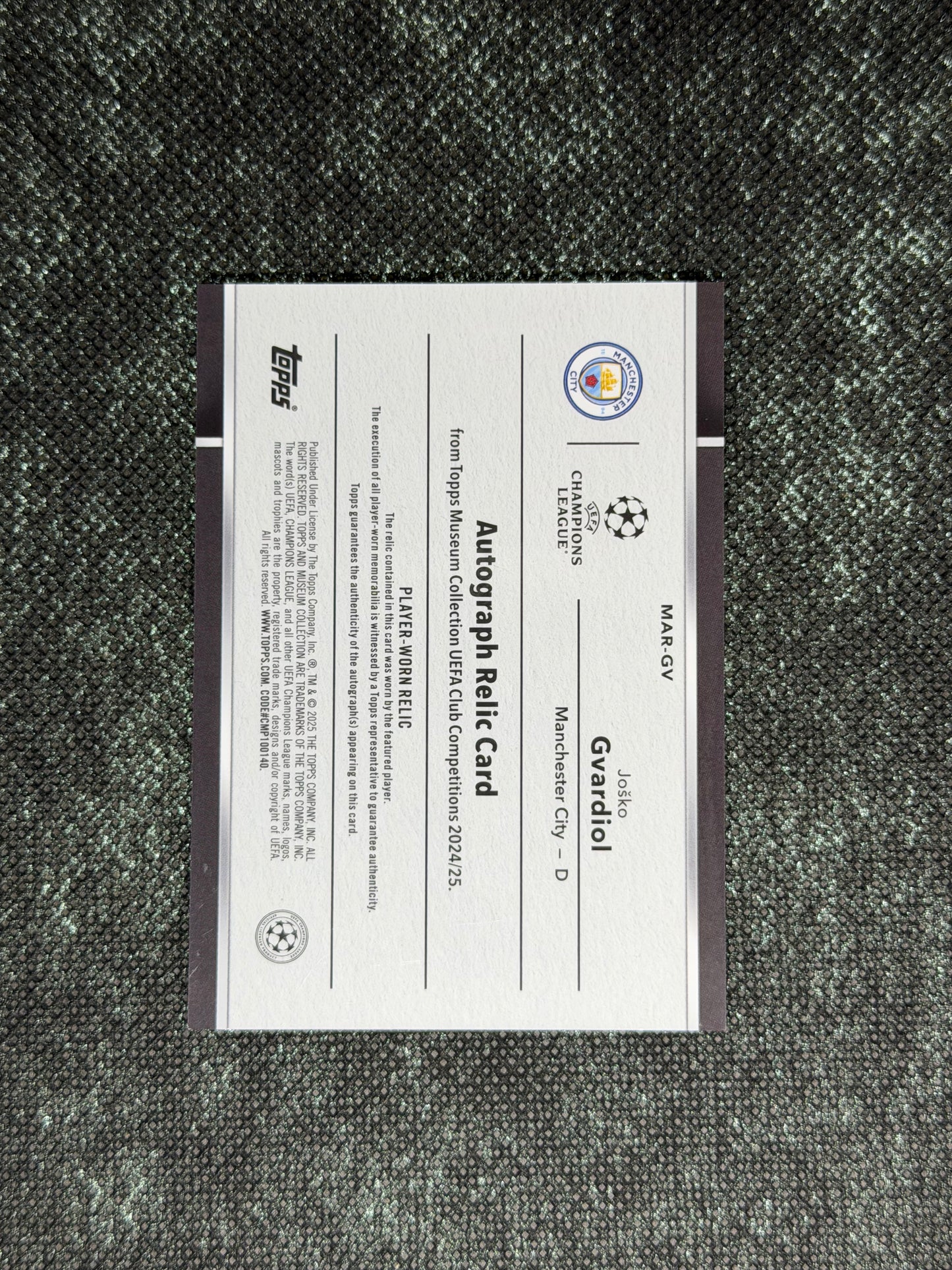 2024-25 Topps Museum Collection UEFA Club Competitions Autograph Relic Card 07/10 - Josko Gvardiol