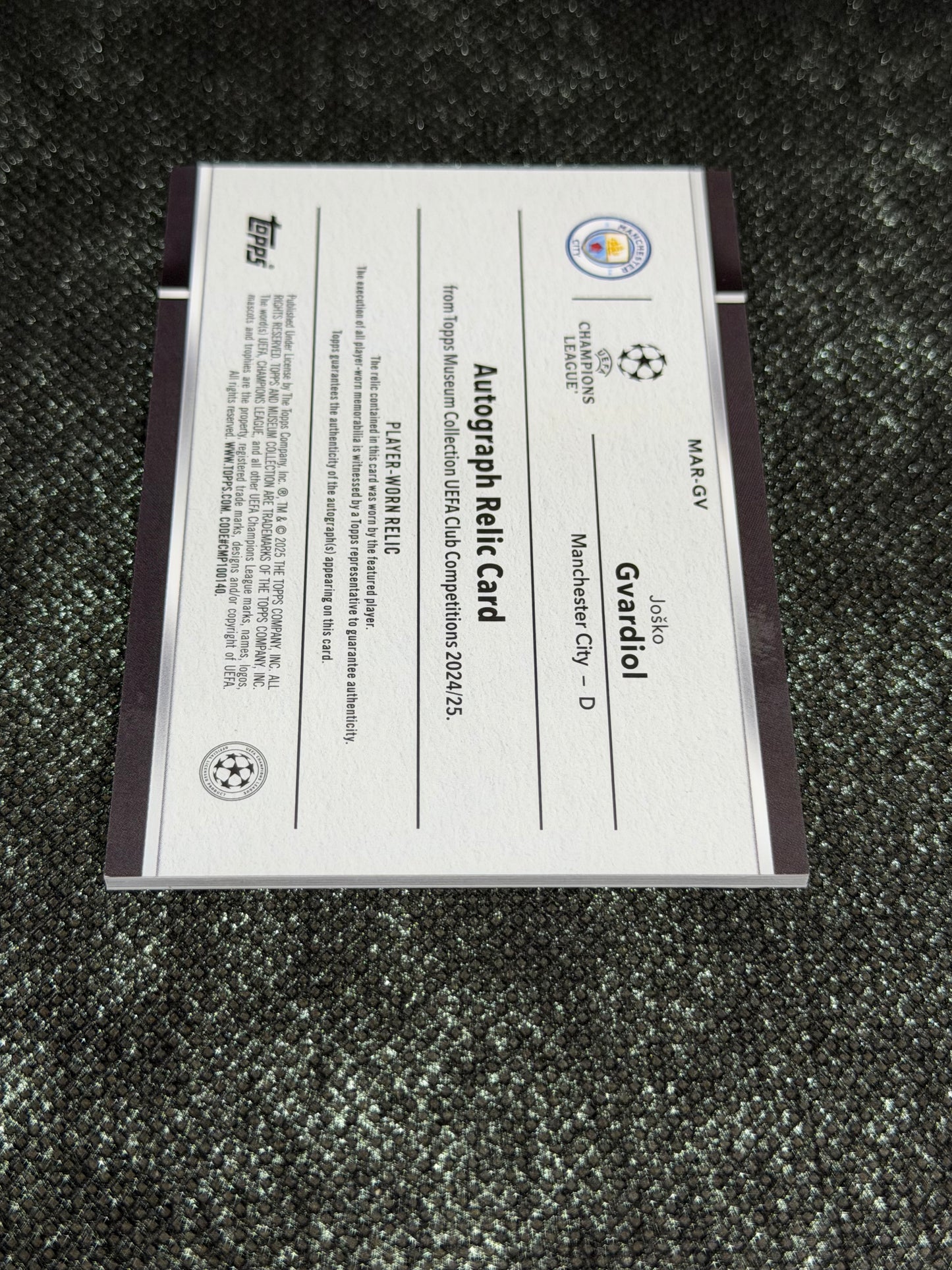 2024-25 Topps Museum Collection UEFA Club Competitions Autograph Relic Card 07/10 - Josko Gvardiol