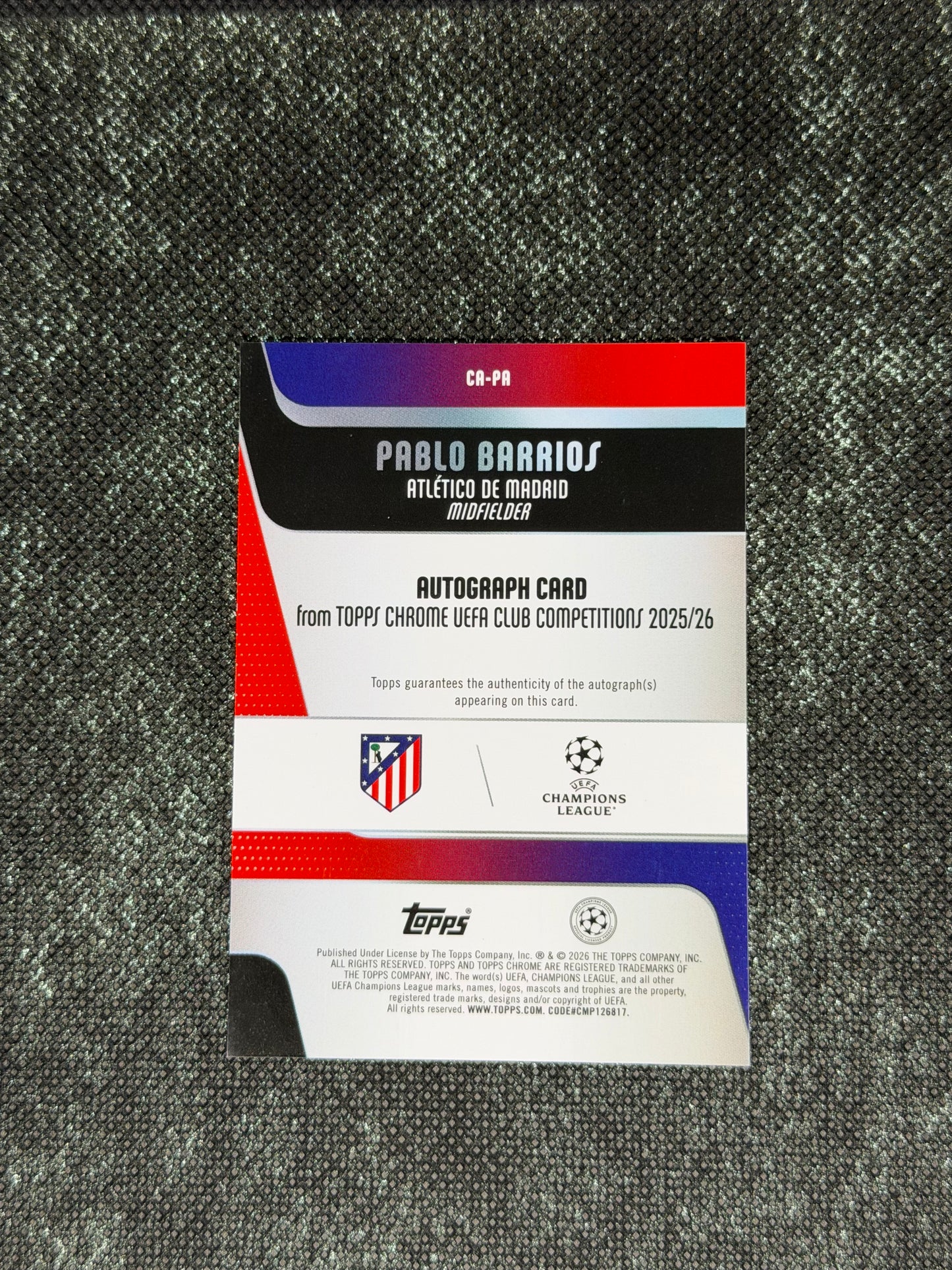 2025-26 Topps Chrome UEFA Club Competitions Autograph Card Purple 09/75 - Pablo Barrios