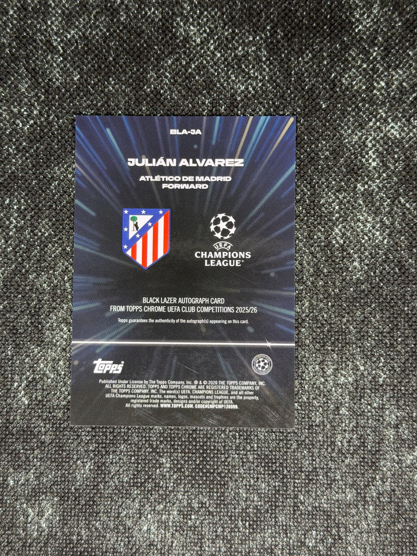 2025-26 Topps Chrome UEFA Club Competitions Black Lazer Autograph Card - Julian Alvarez