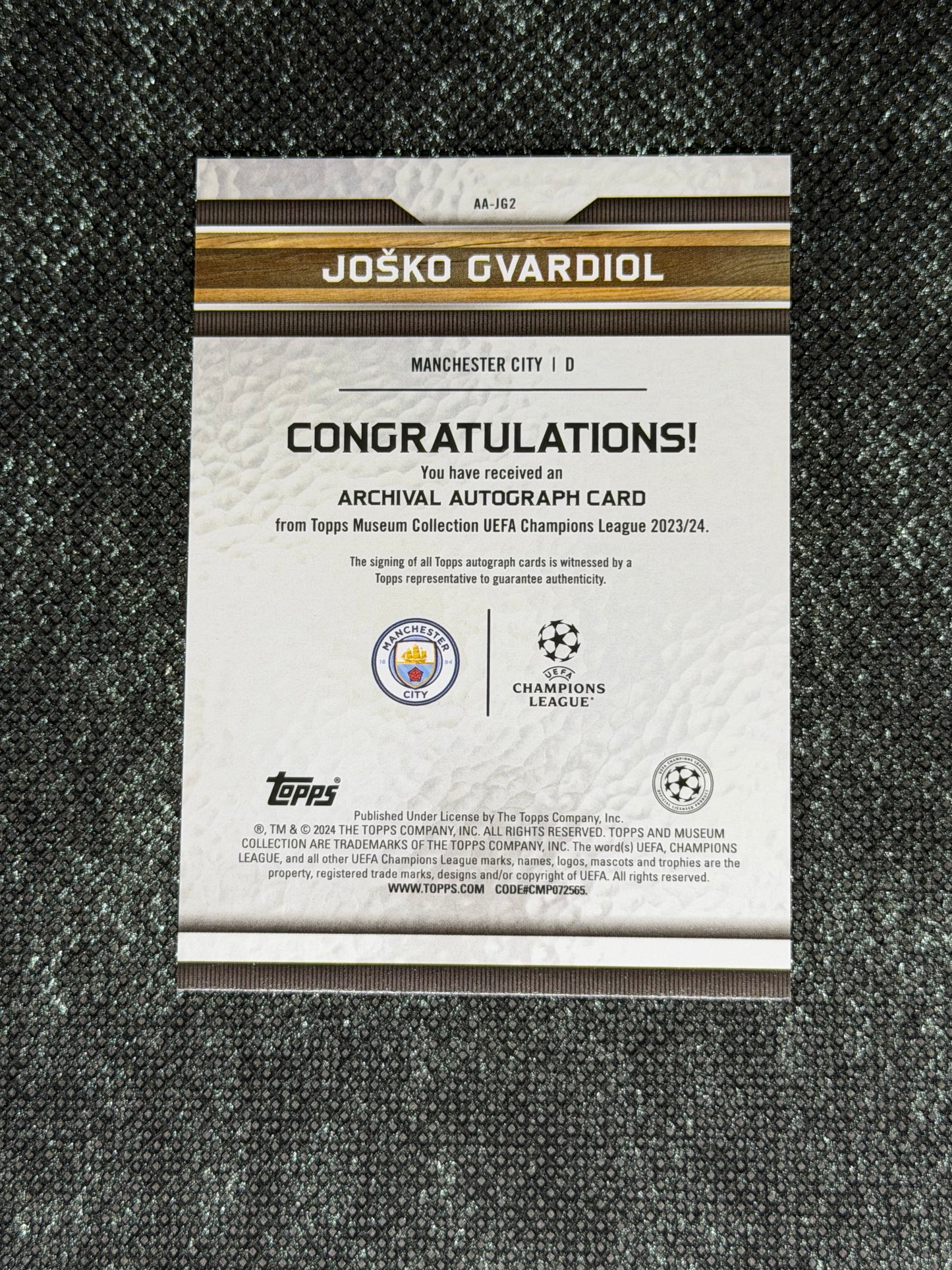 2023-24 Topps Museum Collection UEFA Champions League Archival Autograph Card Gold 32/50 - Josko Gvardiol