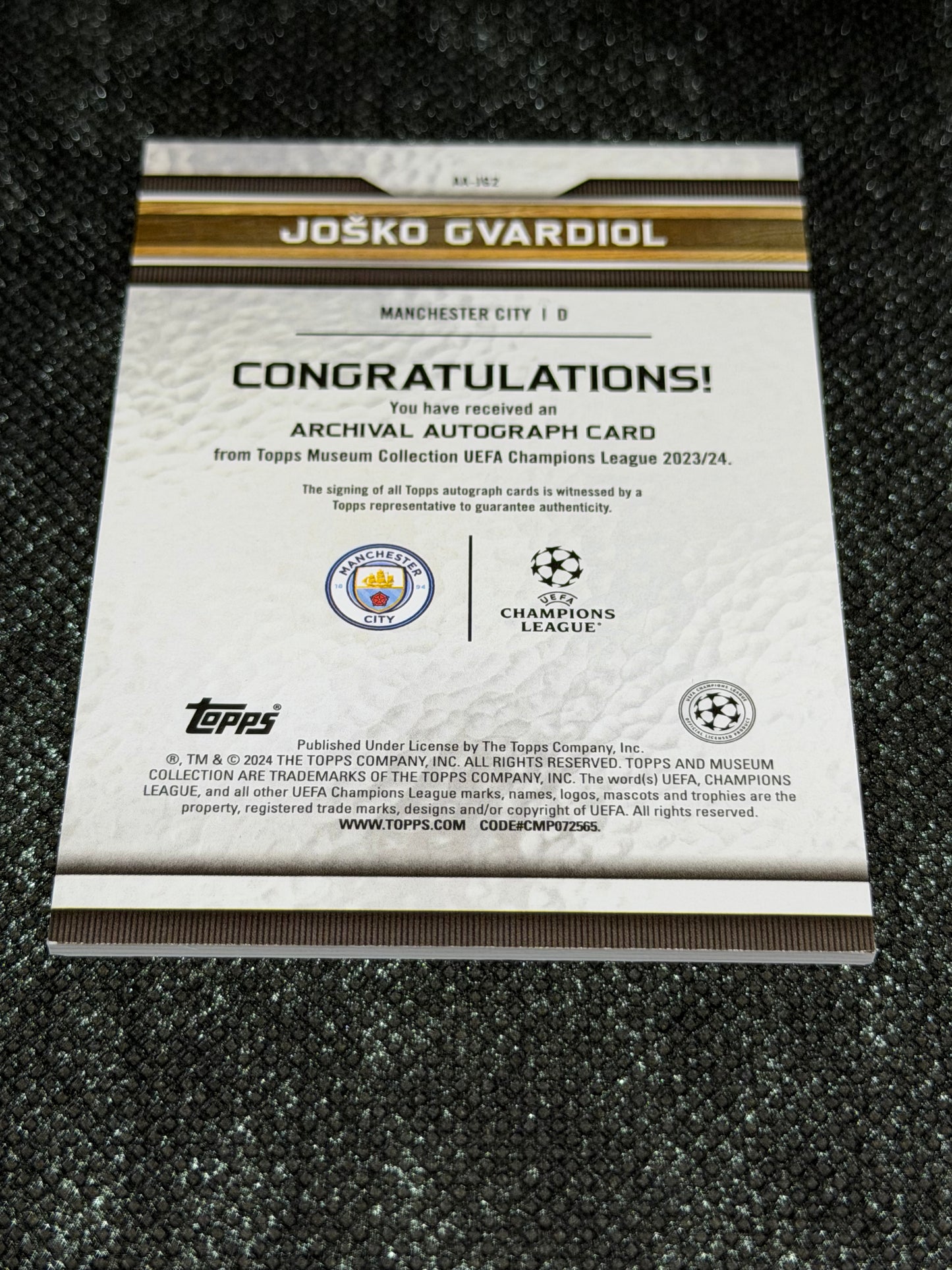 2023-24 Topps Museum Collection UEFA Champions League Archival Autograph Card Gold 32/50 - Josko Gvardiol