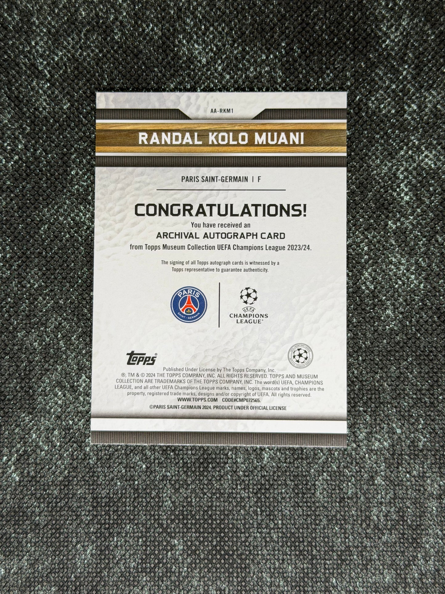 2023-24 Topps Museum Collection UEFA Champions League Archival Autograph Card Teal 05/75 - Randal Kolo Muani