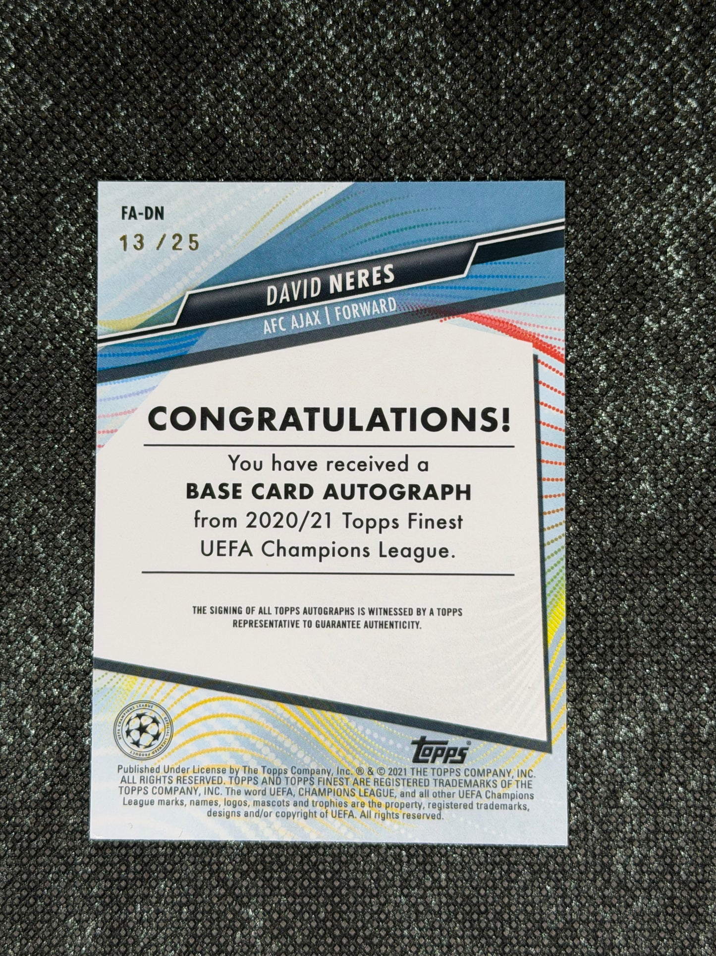 2020-21 Topps Finest UEFA Champions League Base Card Autograph Orange 13/25 - David Neres