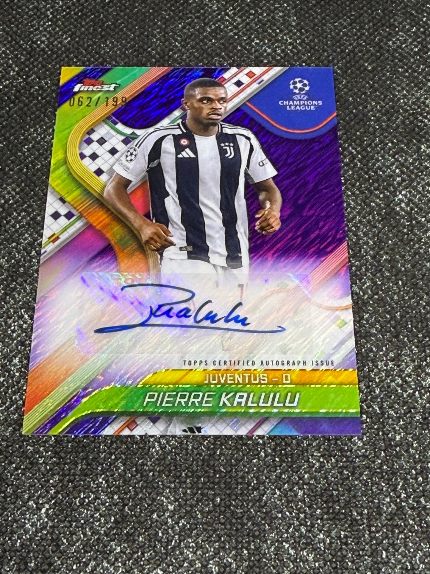 2024-25 Topps Finest UEFA Club Competitions Base Card Autograph Variation Purple 062/199 - Pierre Kalulu