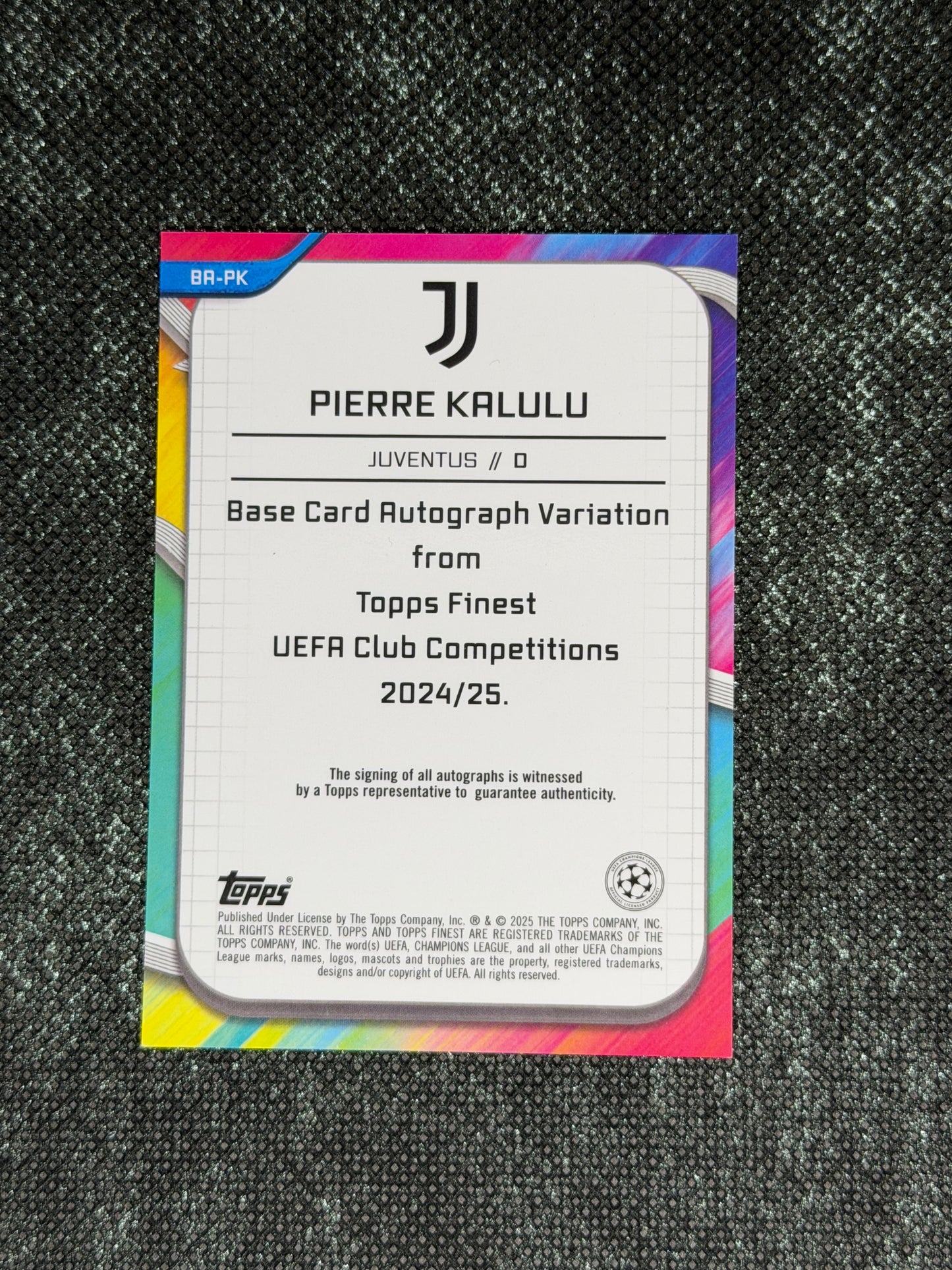 2024-25 Topps Finest UEFA Club Competitions Base Card Autograph Variation Purple 062/199 - Pierre Kalulu