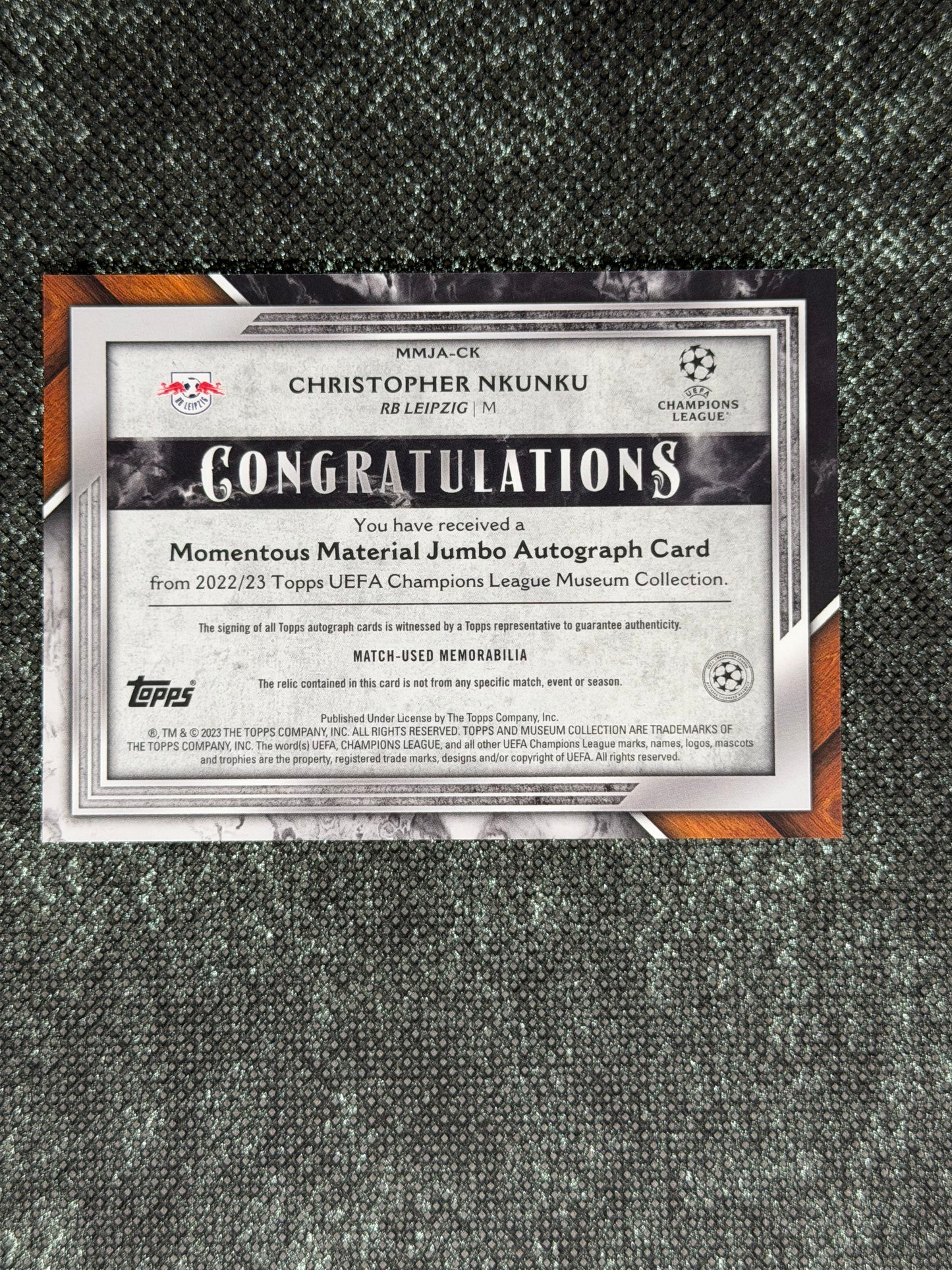 2022-23 Topps UEFA Champions League Museum Collection Momentous Material Jumbo Autograph Card 32/50 - Christopher Nkunku
