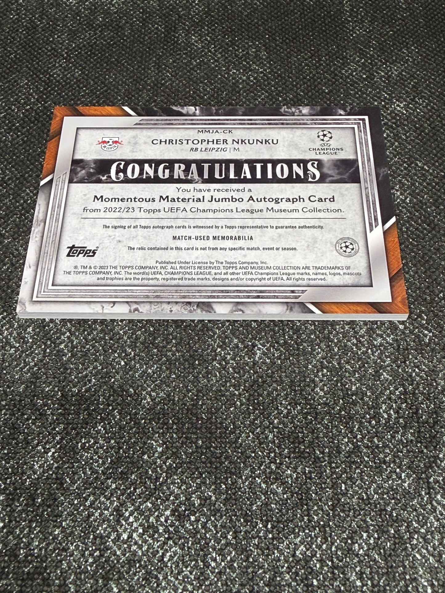 2022-23 Topps UEFA Champions League Museum Collection Momentous Material Jumbo Autograph Card 32/50 - Christopher Nkunku