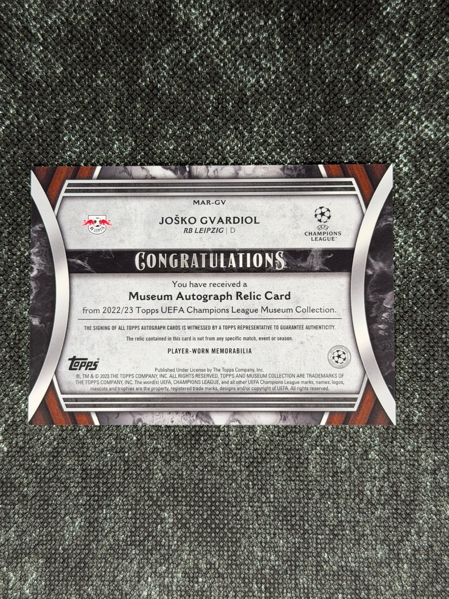 2022-23 Topps UEFA Champions League Museum Collection Museum Autograph Relic Card 049/299 - Josko Gvardiol