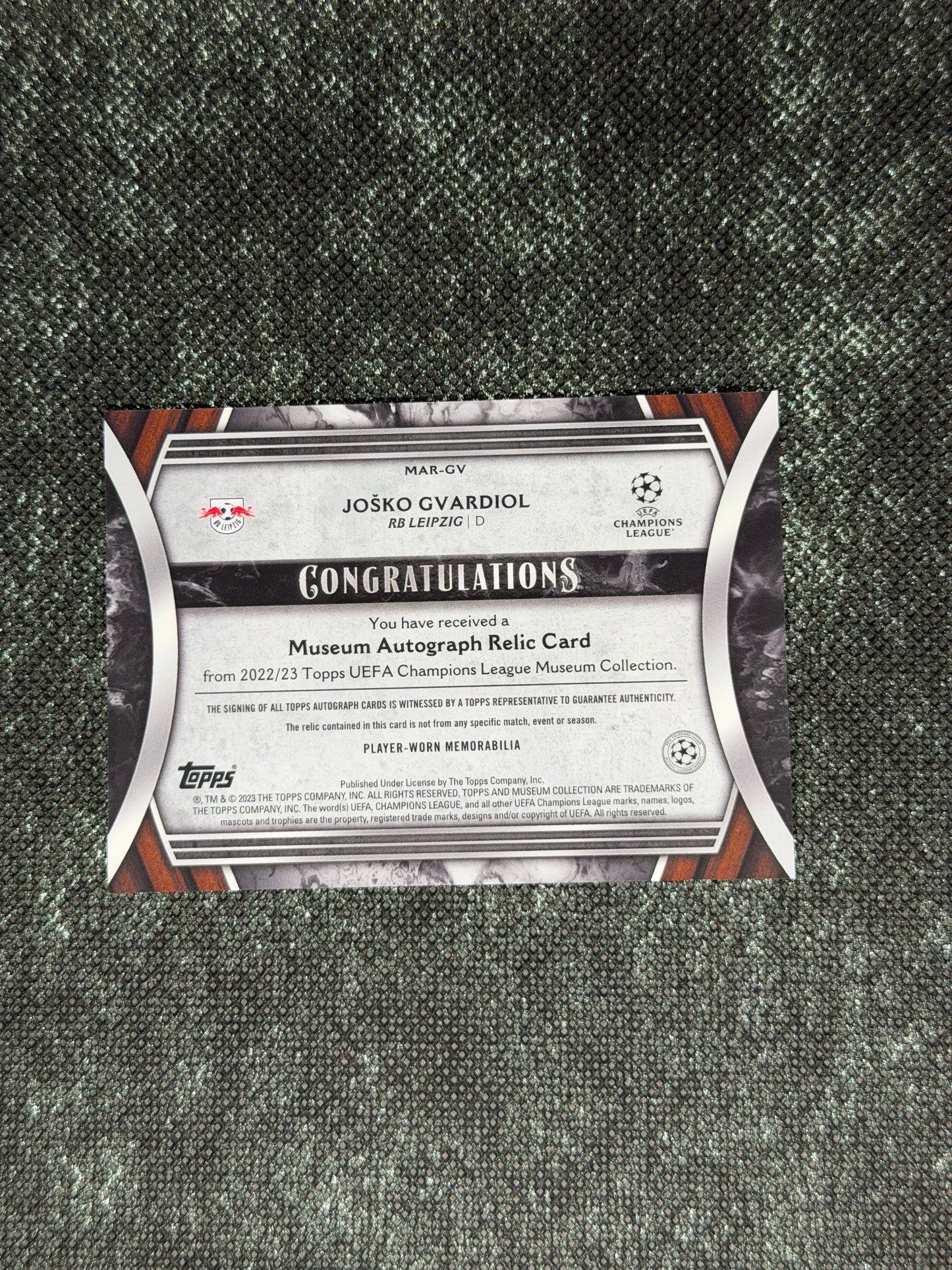 2022-23 Topps UEFA Champions League Museum Collection Museum Autograph Relic Card 276/299 - Josko Gvardiol