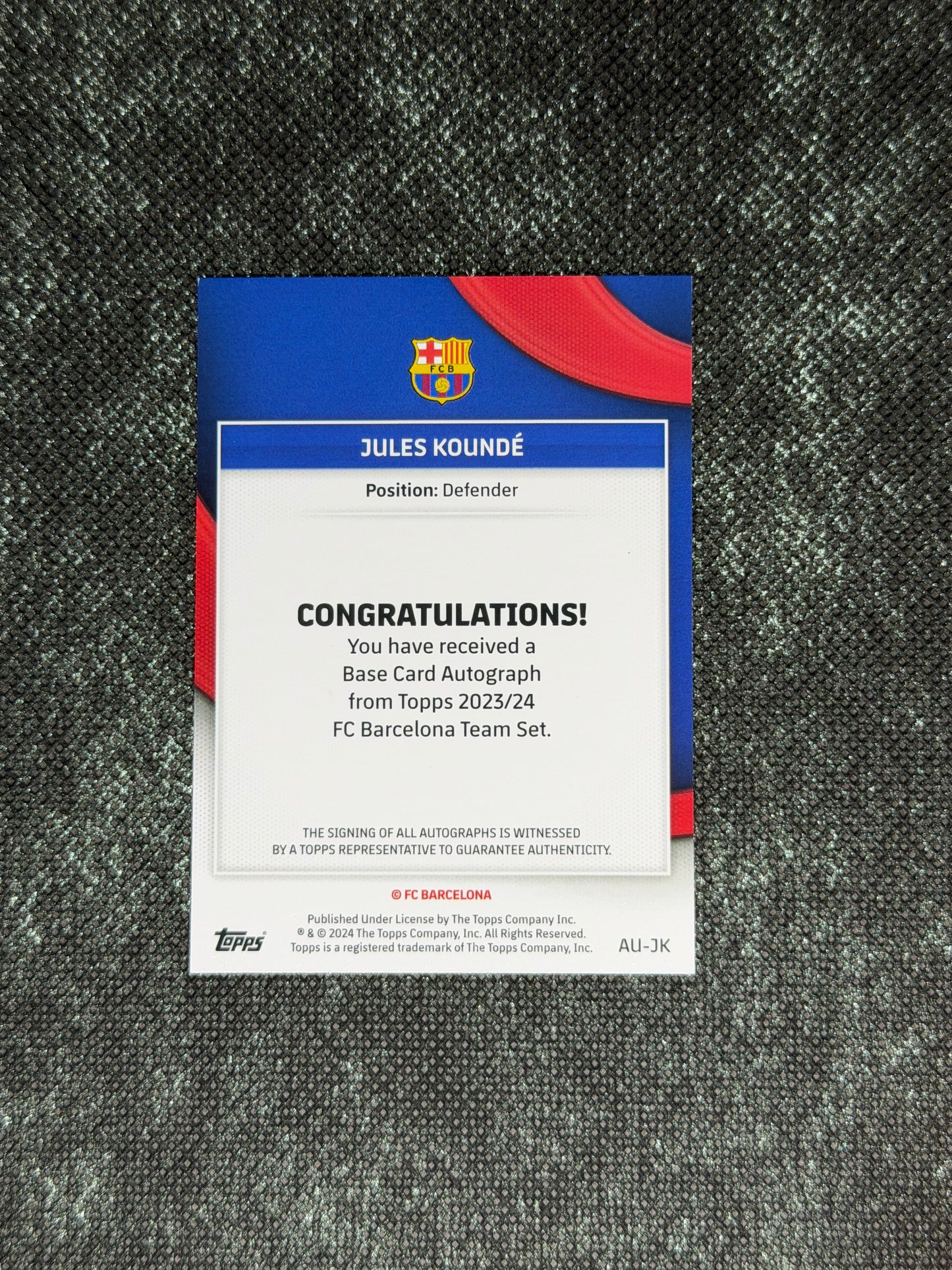2023-24 Topps FC Barcelona Team Set Base Card Autograph 07/10 - Jules Kounde