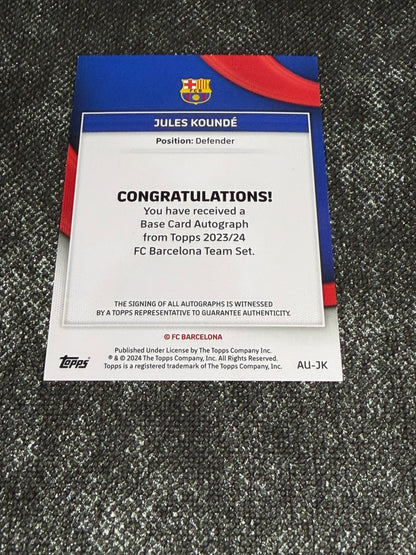 2023-24 Topps FC Barcelona Team Set Base Card Autograph 07/10 - Jules Kounde