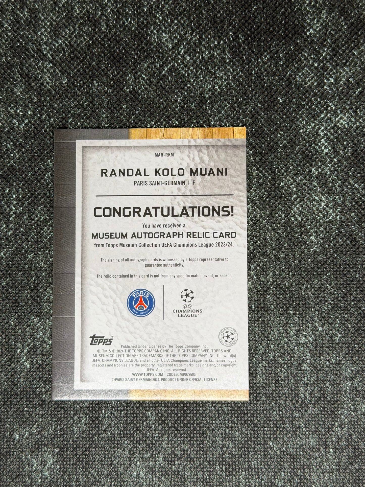 2023-24 Topps Museum Collection UEFA Champions League Autograph Relic Card 083/150 - Randal Kolo Muani