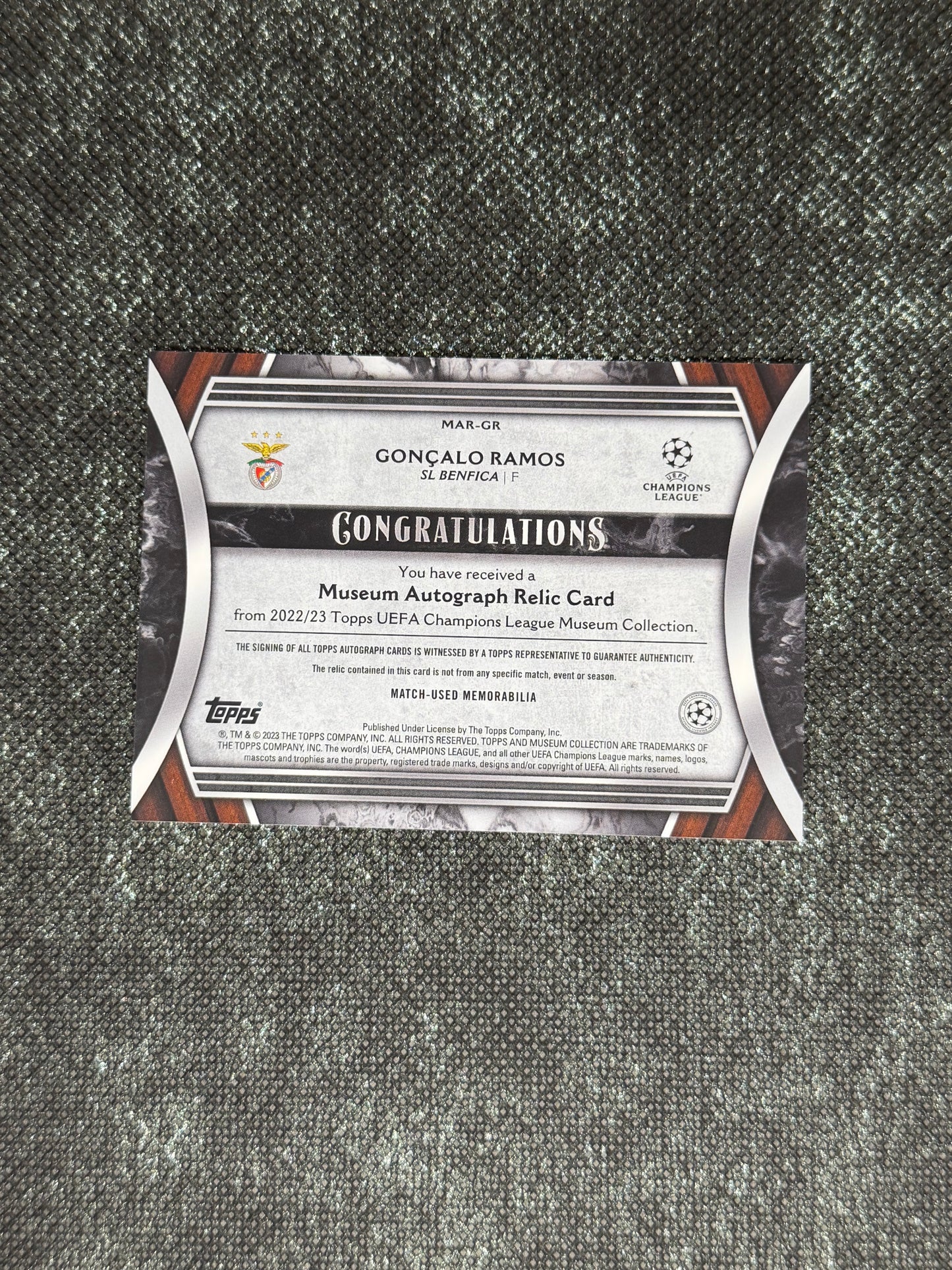 2022-23 Topps UEFA Champions League Museum Collection Autograph Relic Card 075/299 - Goncalo Ramos