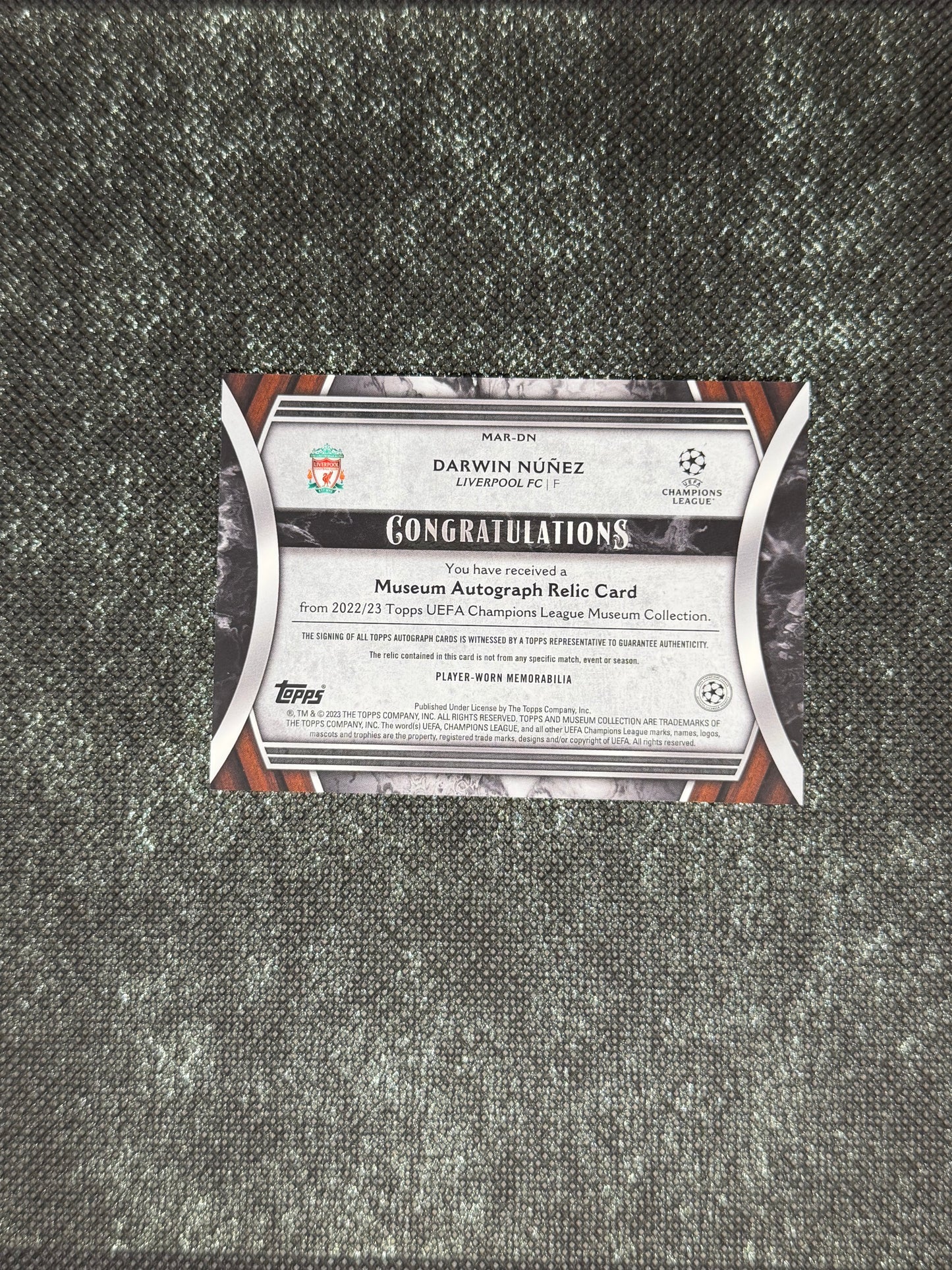 2022-23 Topps UEFA Champions League Museum Collection Autograph Relic Card 050/199 - Darwin Nunez