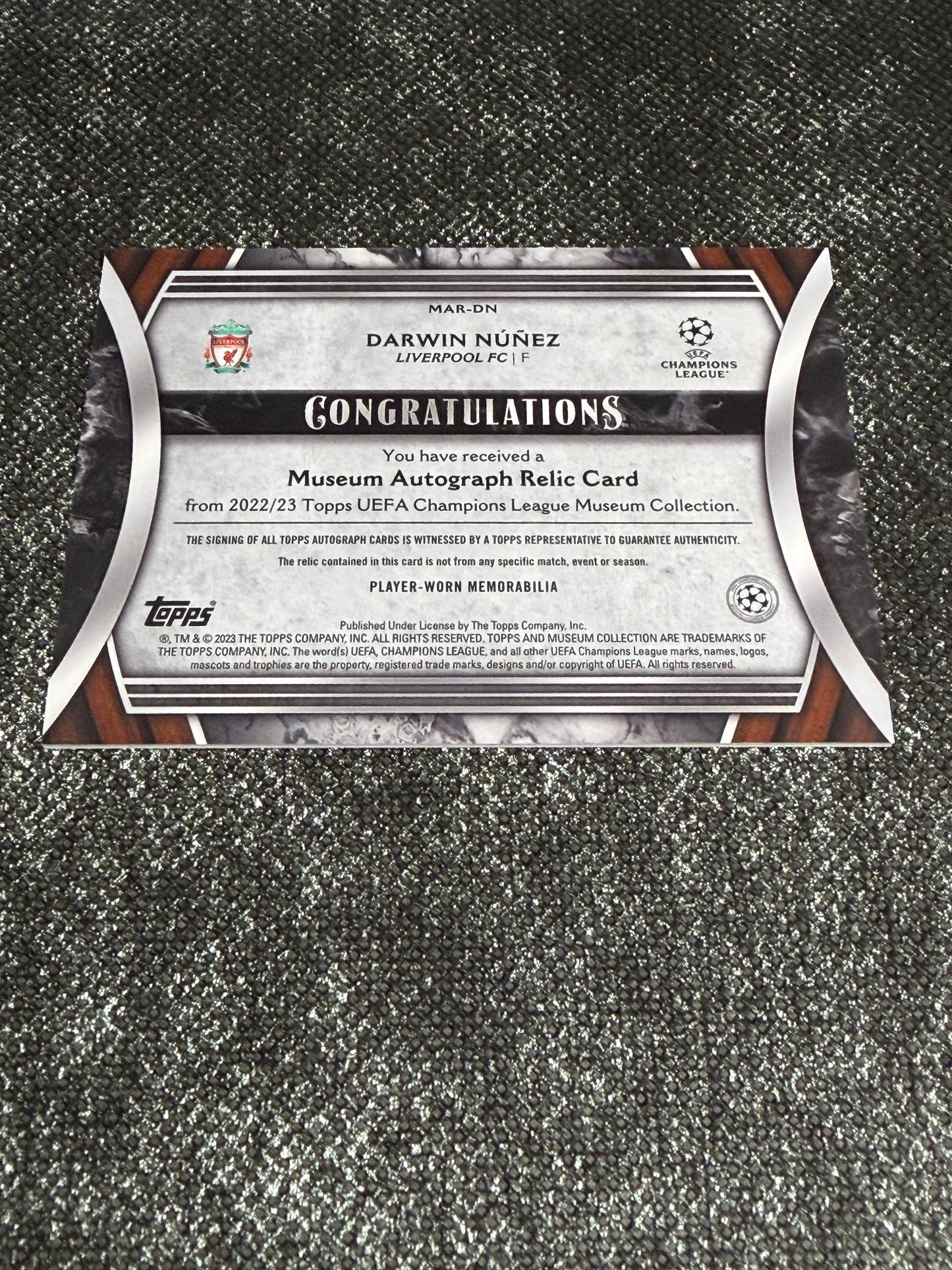 2022-23 Topps UEFA Champions League Museum Collection Autograph Relic Card 050/199 - Darwin Nunez