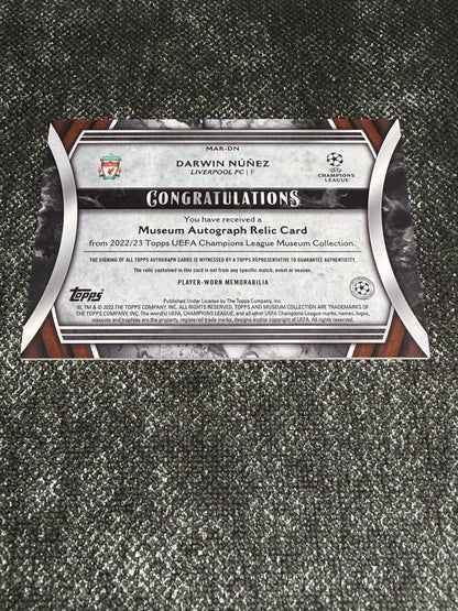 2022-23 Topps UEFA Champions League Museum Collection Autograph Relic Card 050/199 - Darwin Nunez