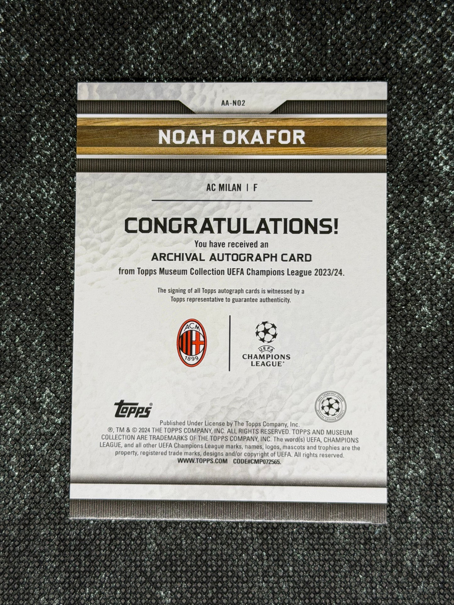 2023-24 Topps Museum Collection UEFA Champions League Archival Autograph Card 41/50 - Noah Okafor
