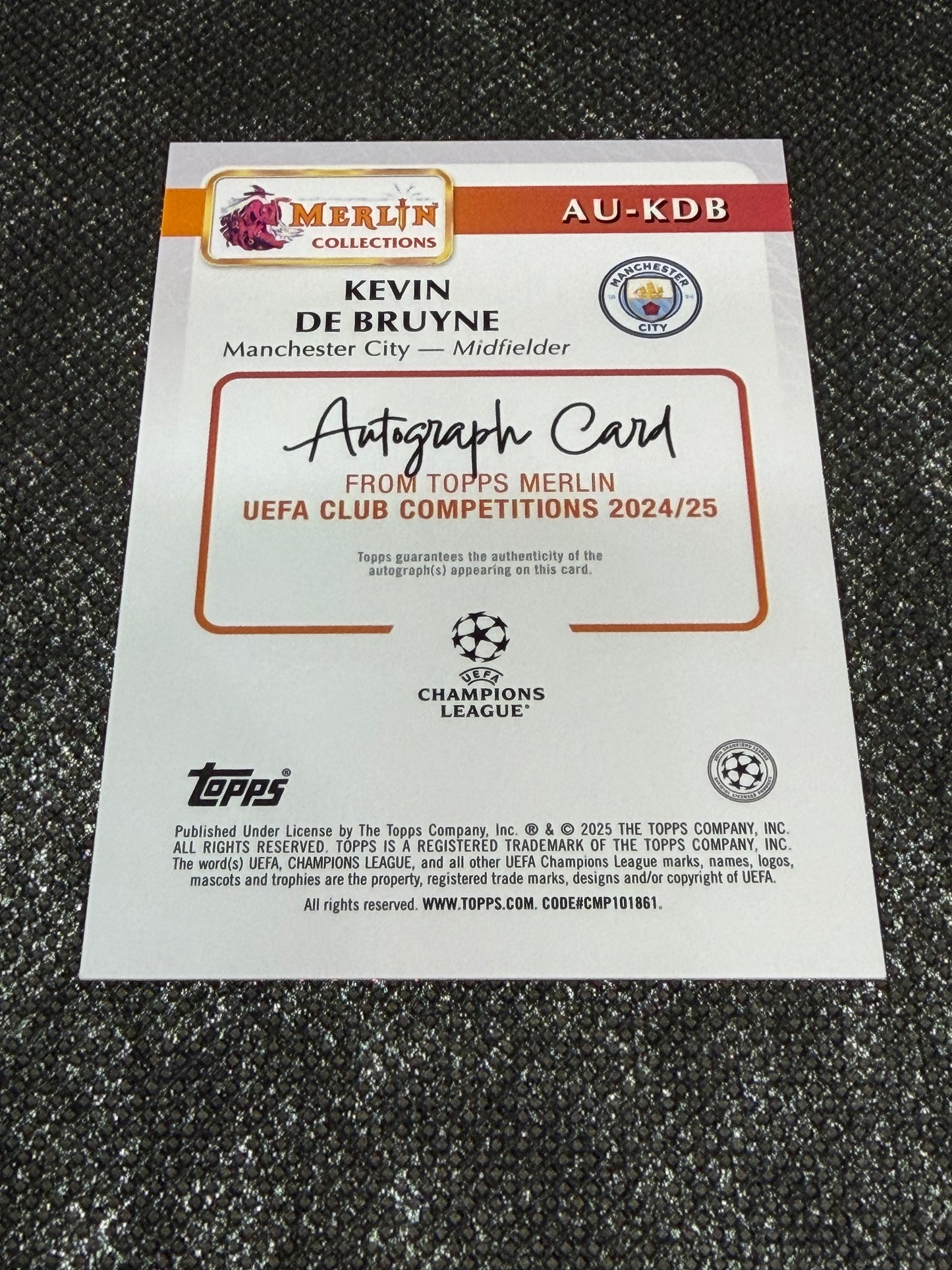 2024-25 Topps Merlin UEFA Club Competitions Autograph Card Orange 16/25 - Kevin De Bruyne