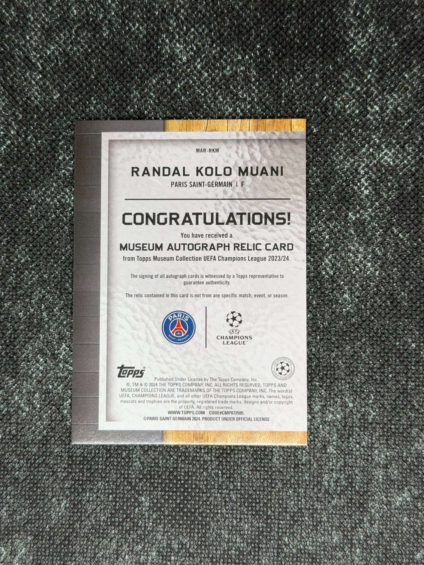 2023-24 Topps Museum Champions League Museum Autograph Relic Card 18/99 - Randal Kolo Muani