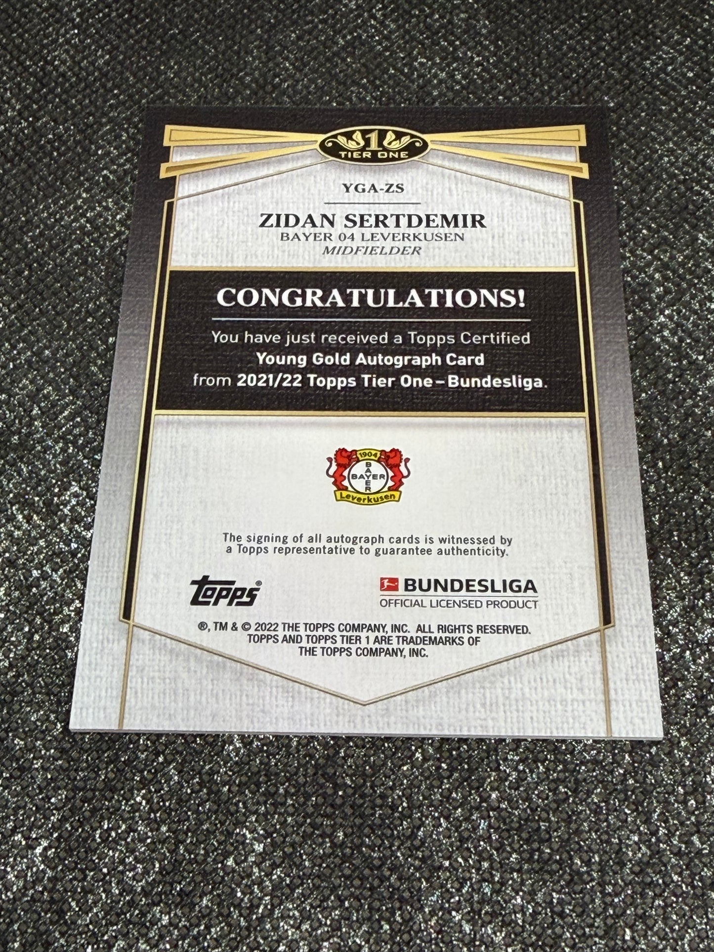 2021-22 Topps Tier One-Bundesliga Young Gold Autograph Card 12/50 - Zidan Sertdemir