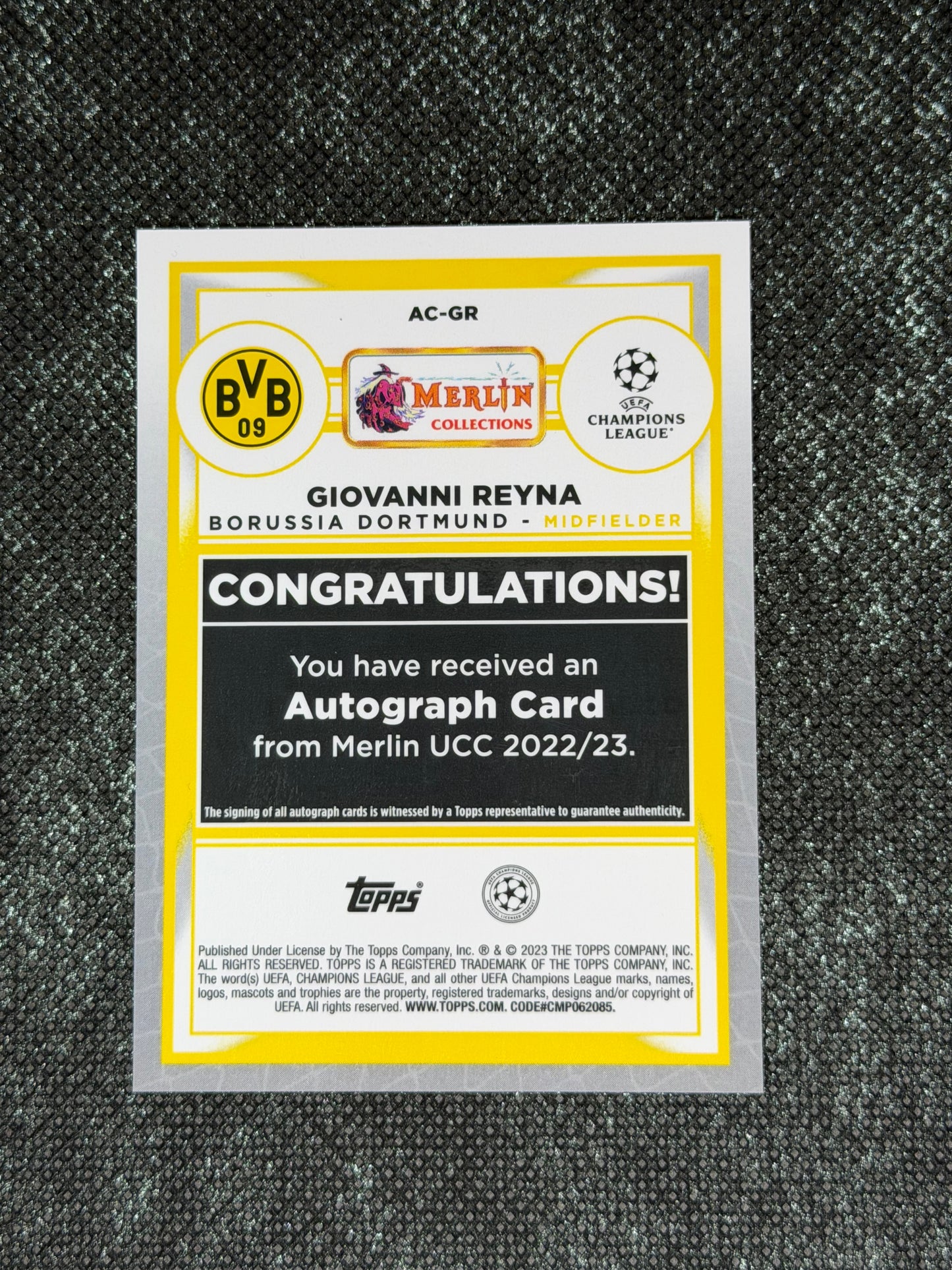 2022-23 Topps Merlin UEFA Club Competitions Autograph Card 67/99 - Giovanni Reyna