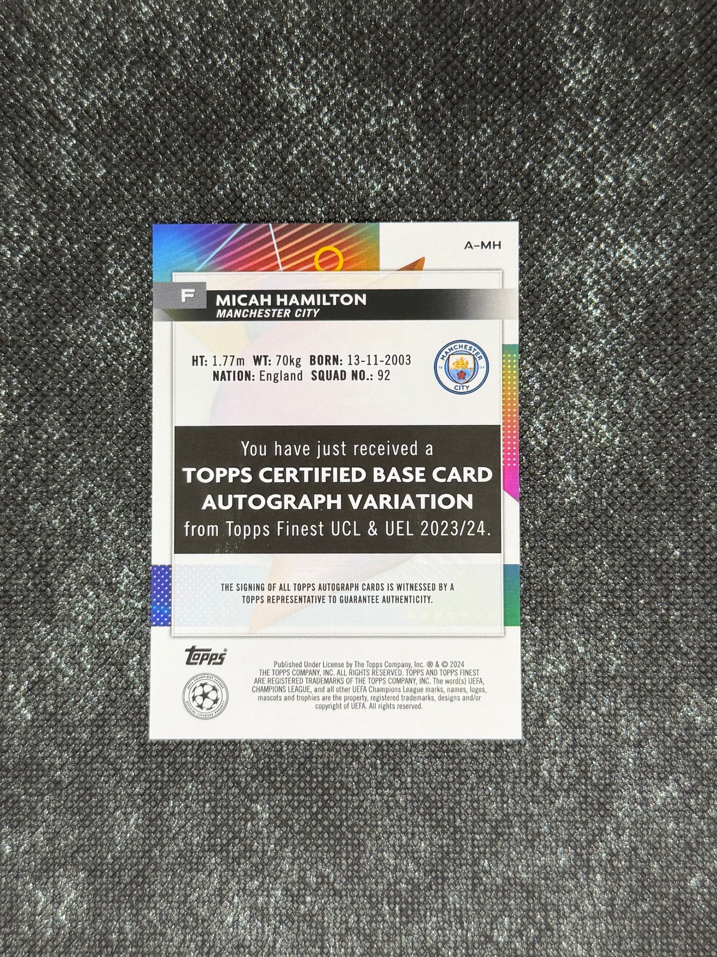 2023-24 Topps Finest UEFA Champions League Base Card Autograph Variation RC - Micah Hamilton