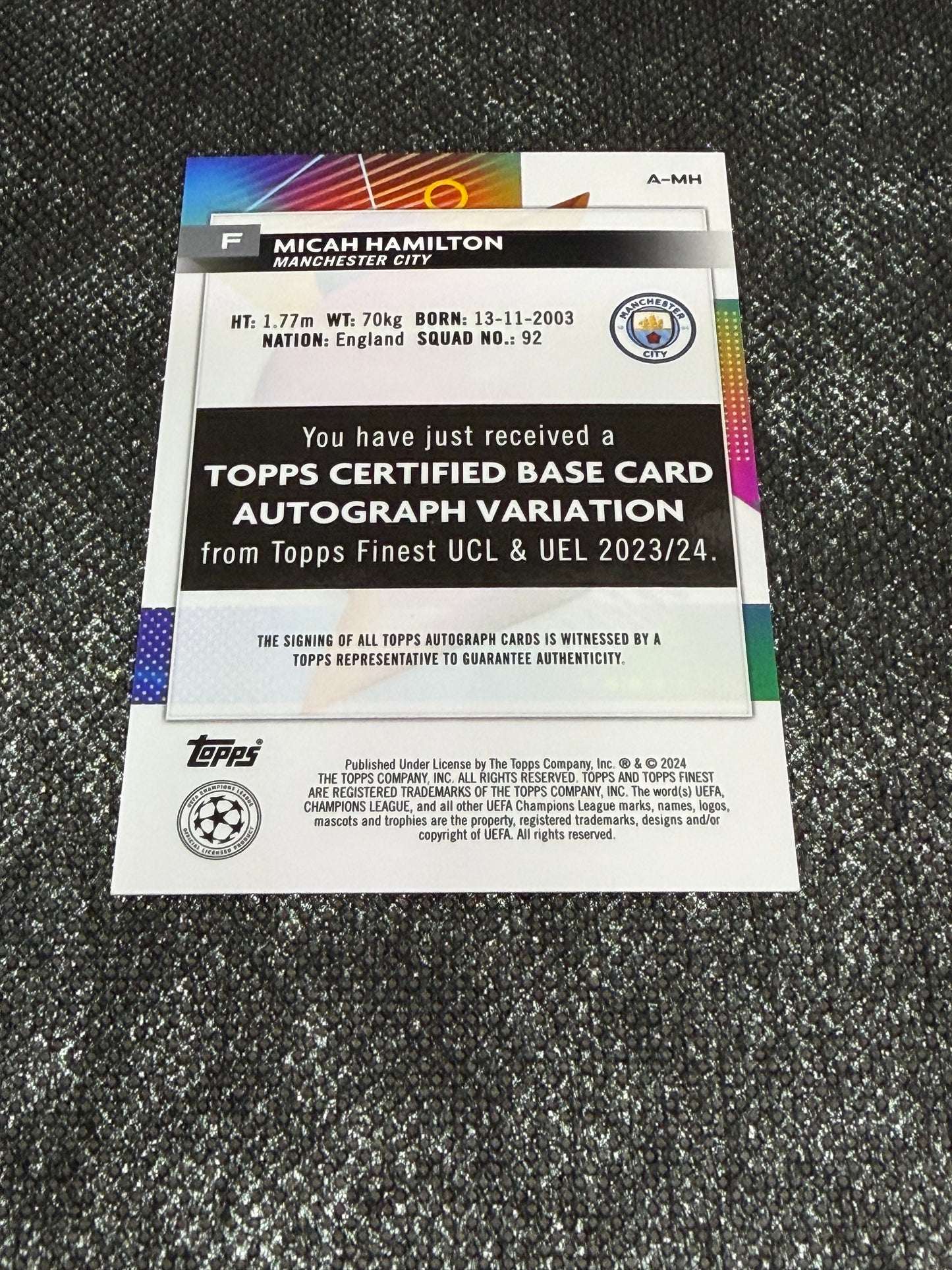 2023-24 Topps Finest UEFA Champions League Base Card Autograph Variation RC - Micah Hamilton