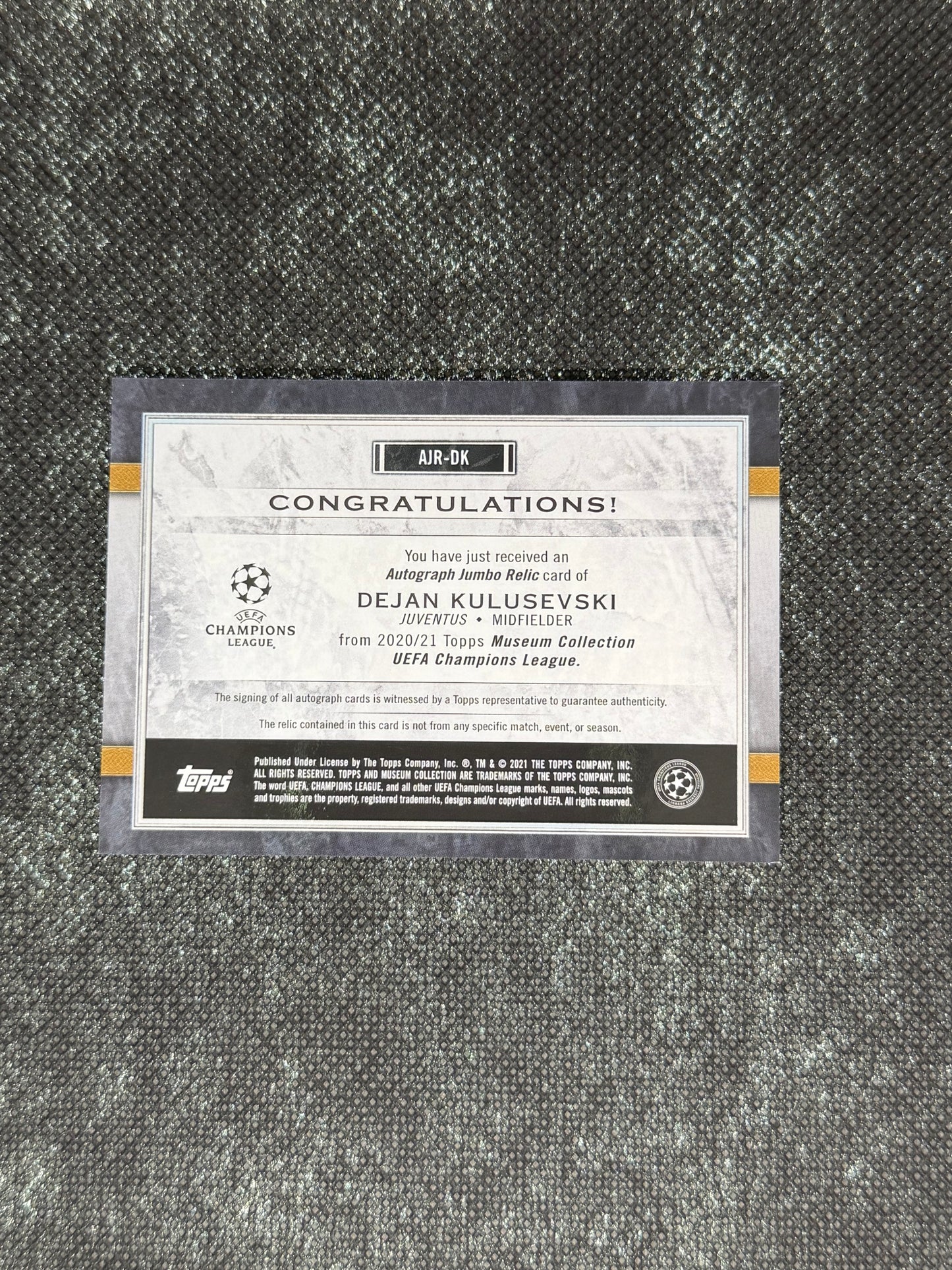 2020-21 Topps Museum Collection UEFA Champions League Autograph Jumbo Relic Card 42/75 - Dejan Kulusevski