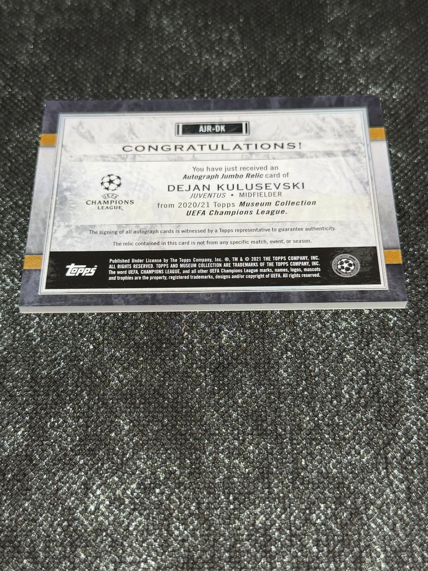 2020-21 Topps Museum Collection UEFA Champions League Autograph Jumbo Relic Card 42/75 - Dejan Kulusevski