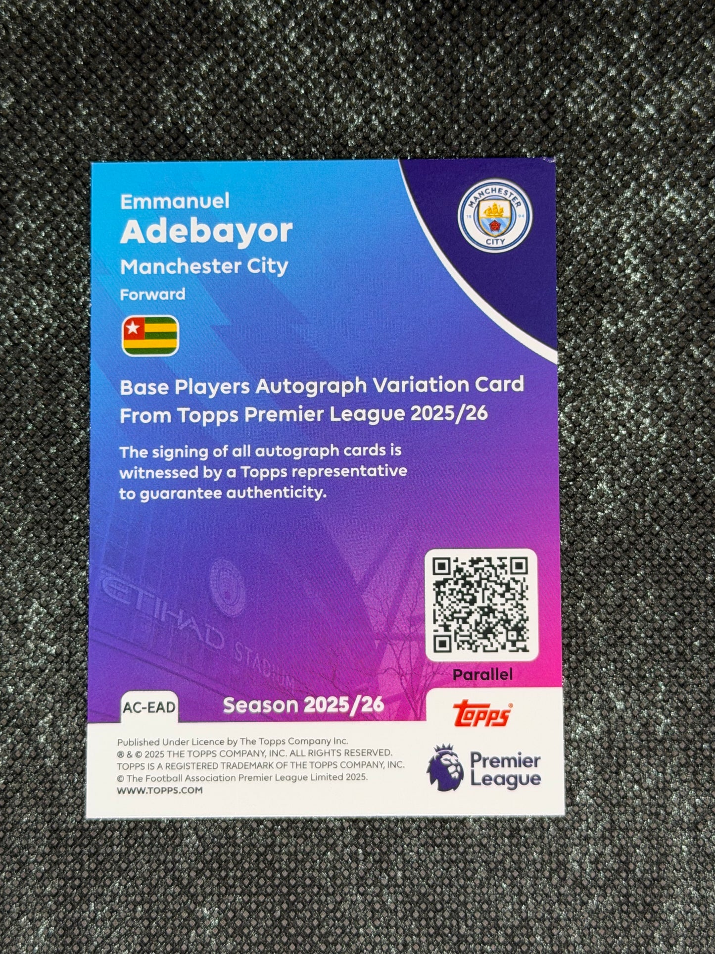 2025-26 Topps Premier League Base Players Autograph Variation Card 15/75 - Emmanuel Adebayor