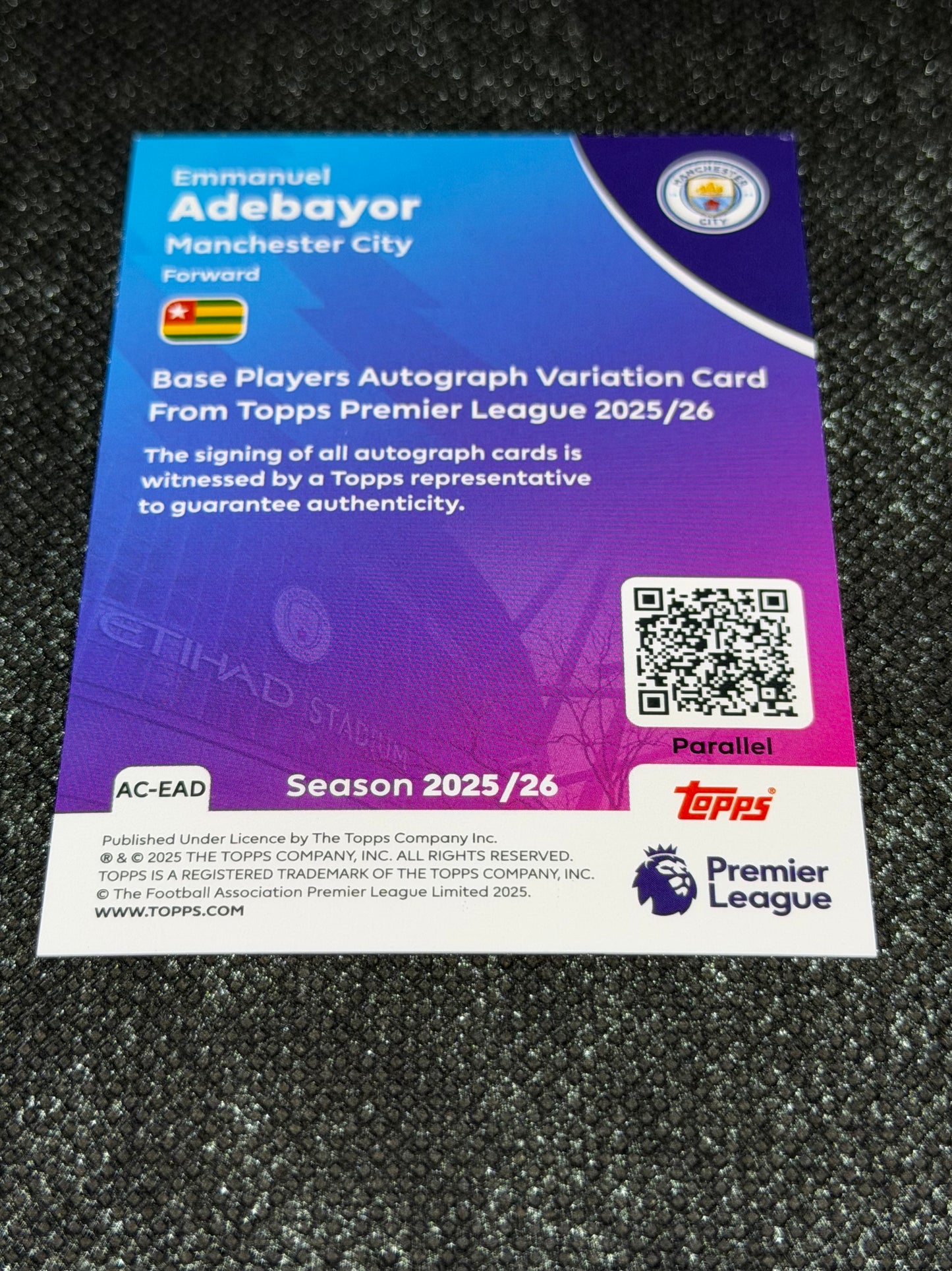2025-26 Topps Premier League Base Players Autograph Variation Card 15/75 - Emmanuel Adebayor