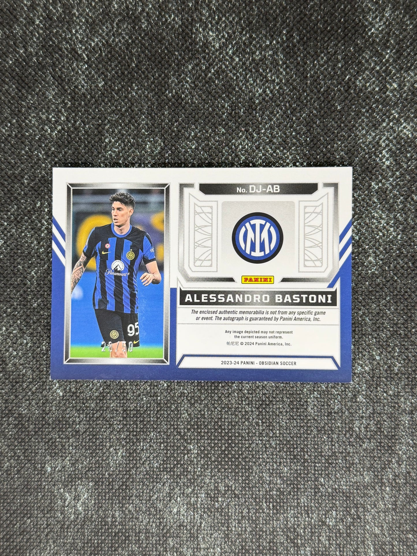 2023-24 Panini Obsidian Soccer Volcanic Dual Jersey Ink 28/50 - Alessandro Bastoni