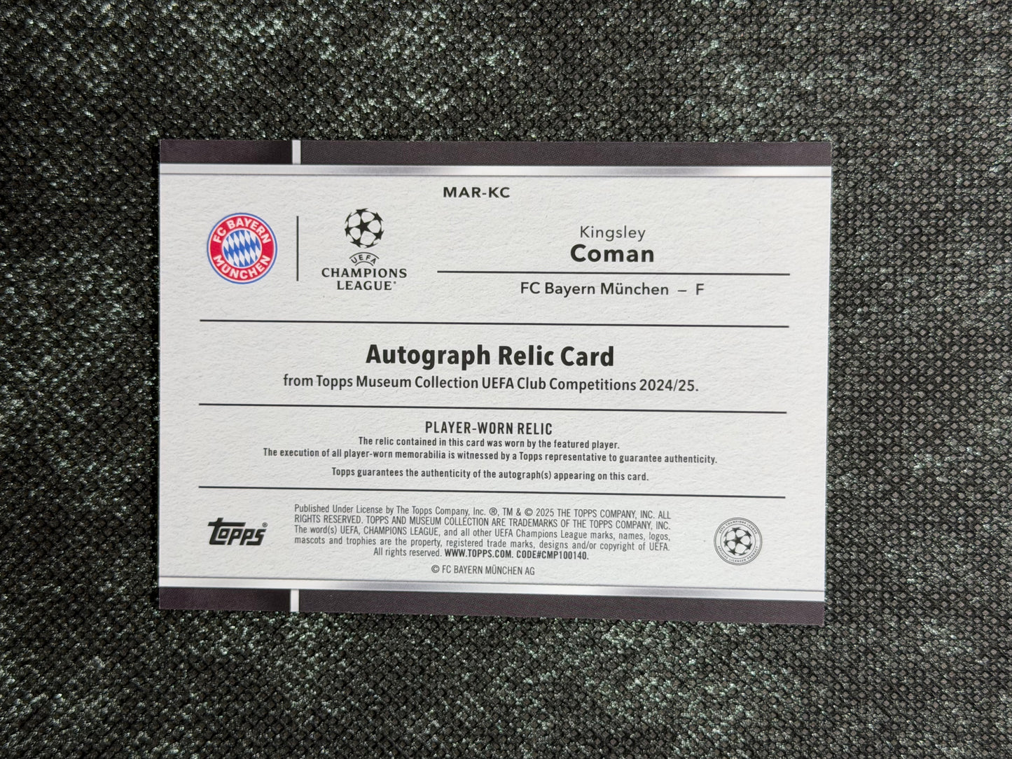 2024-25 Topps Museum Collection UEFA Club Competitions Autograph Relic Card 136/299 - Kingsley Coman