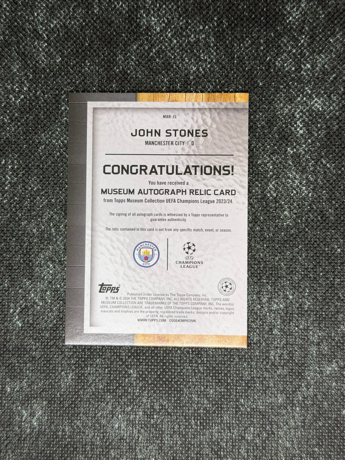 2023-24 Topps Museum Collection UEFA Champions League Autograph Relic Card 013/199 - John Stones