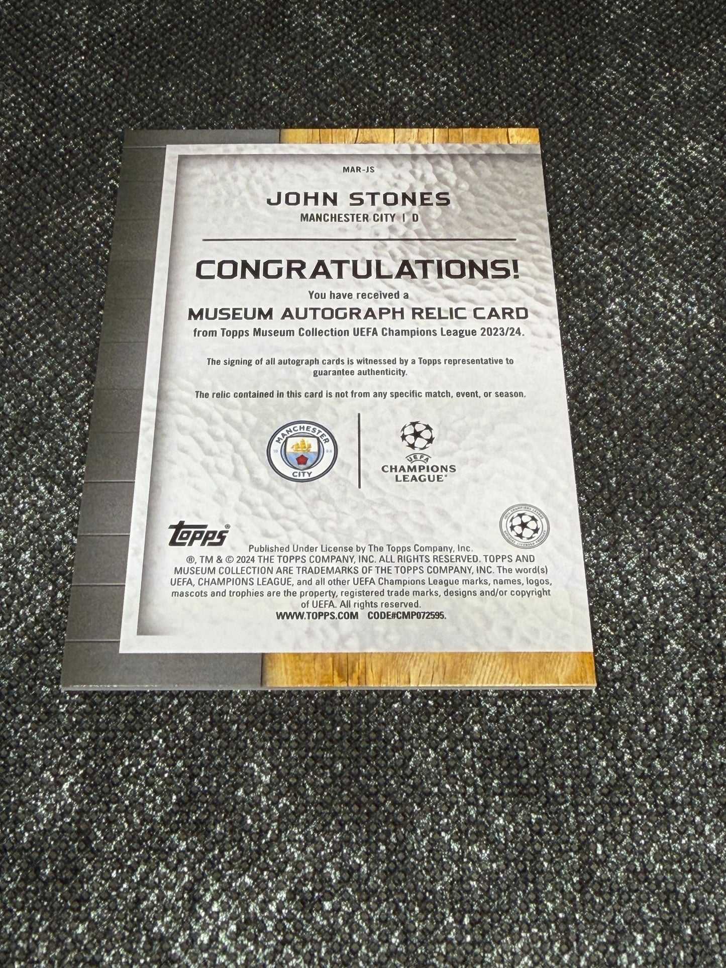 2023-24 Topps Museum Collection UEFA Champions League Autograph Relic Card 013/199 - John Stones