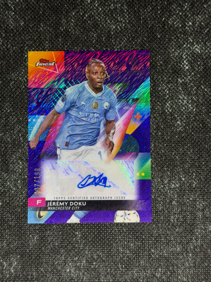 2023-24 Topps Finest UEFA Champions League Base Card Autograph Variation Purple 007/199 - Jeremy Doku