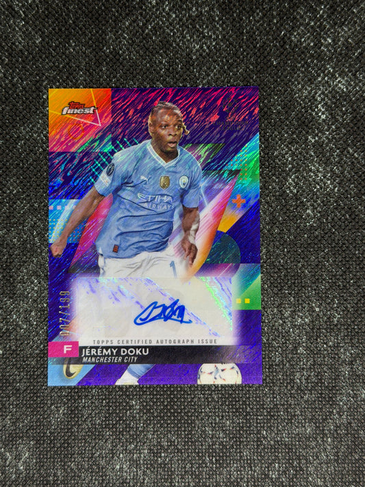 2023-24 Topps Finest UEFA Champions League Base Card Autograph Variation Purple 007/199 - Jeremy Doku