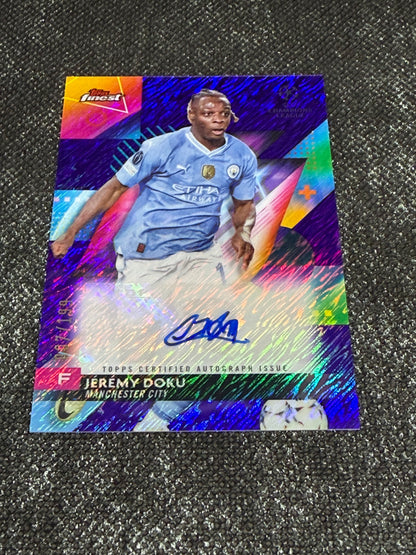 2023-24 Topps Finest UEFA Champions League Base Card Autograph Variation Purple 007/199 - Jeremy Doku