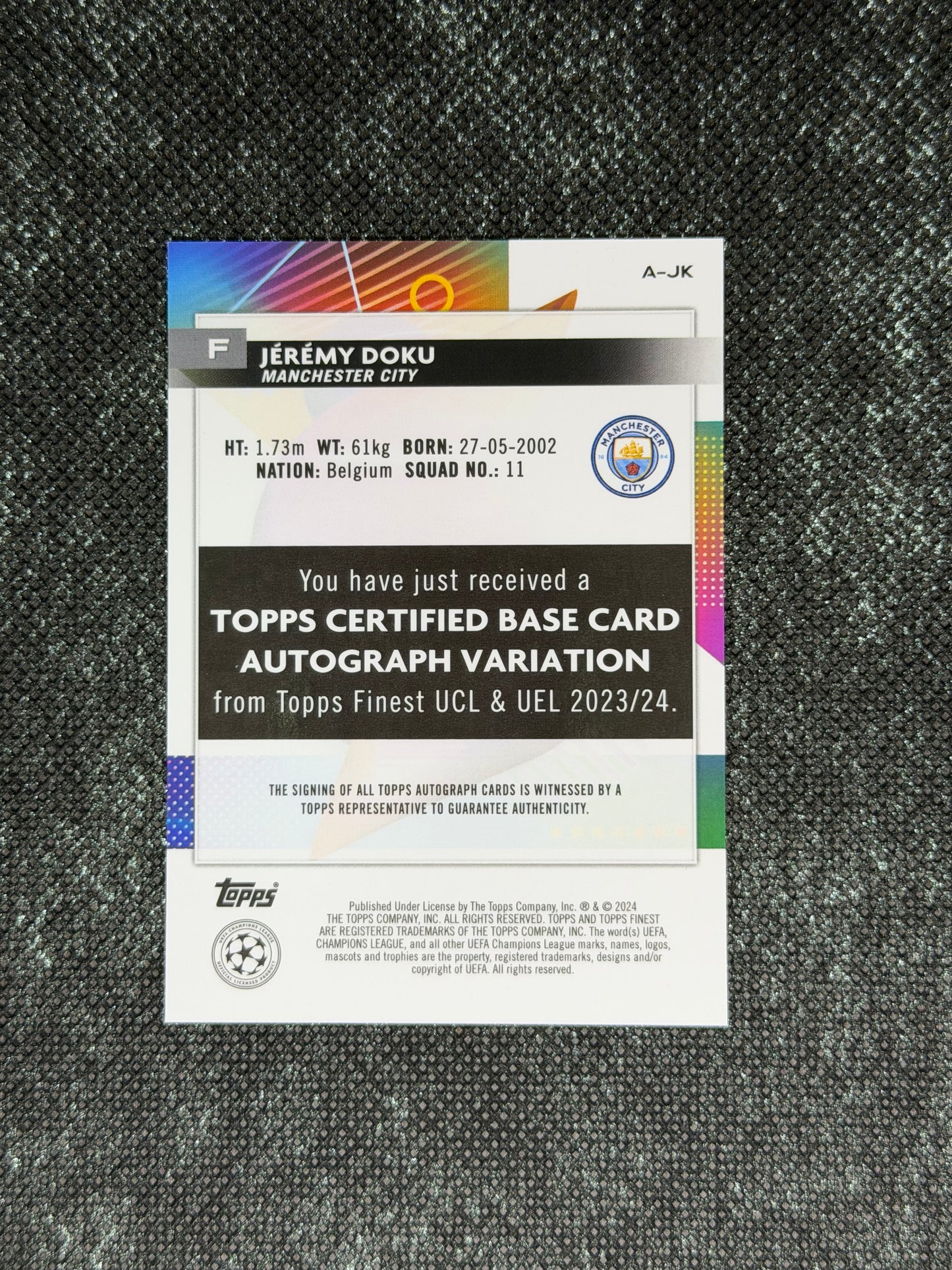 2023-24 Topps Finest UEFA Champions League Base Card Autograph Variation Purple 007/199 - Jeremy Doku