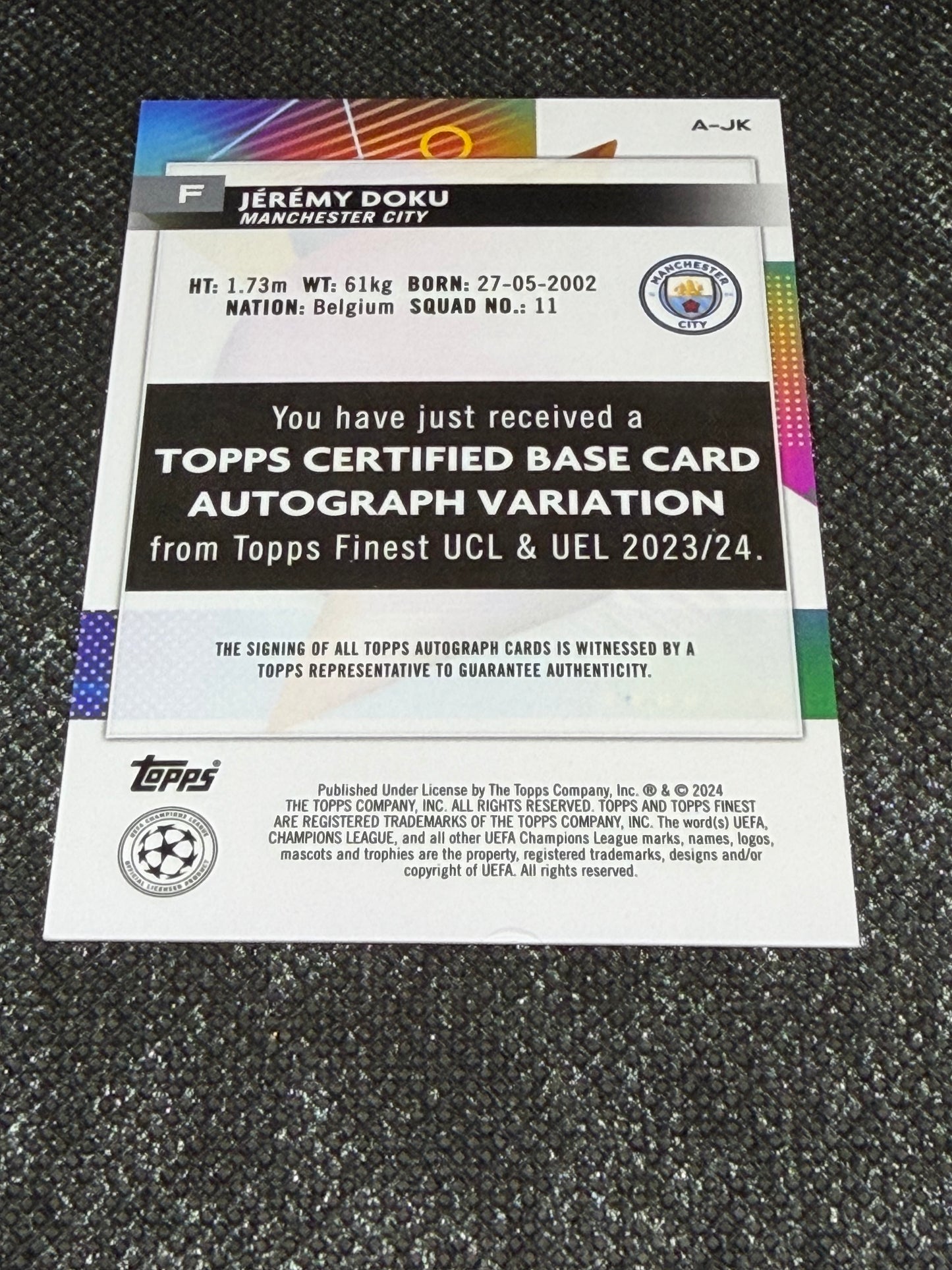 2023-24 Topps Finest UEFA Champions League Base Card Autograph Variation Orange 25/25 - Jeremy Doku