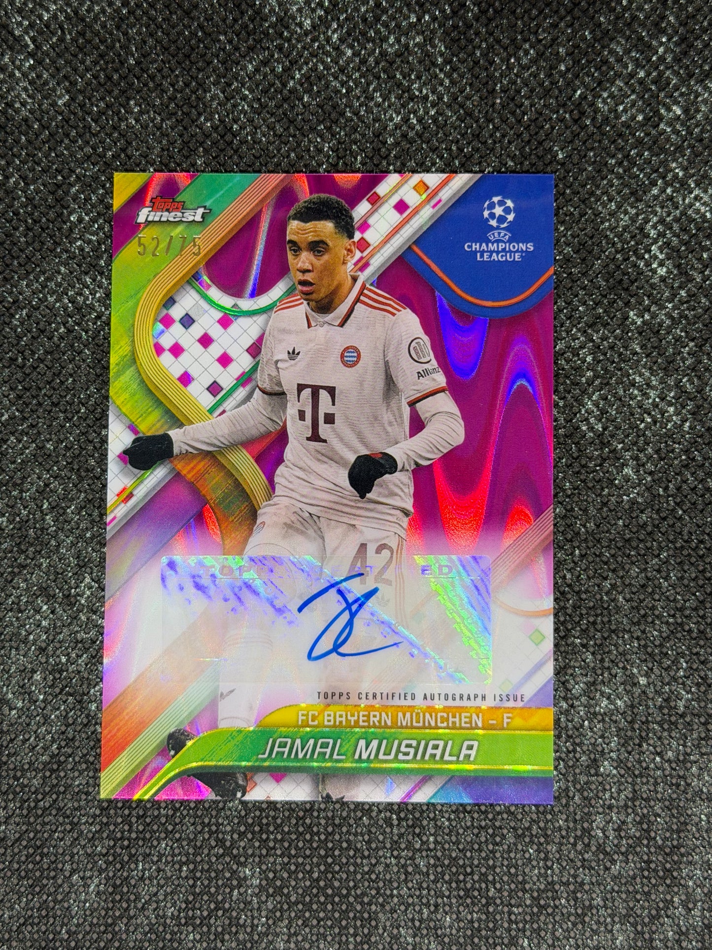 2024-25 Topps Finest UEFA Club Competitions Base Card Autograph Variation Purple Wave 52/75 - Jamal Musiala