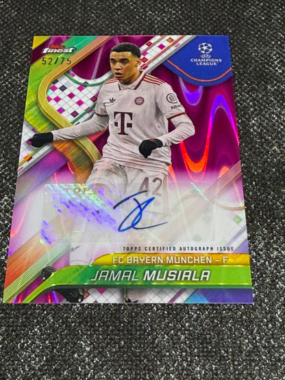 2024-25 Topps Finest UEFA Club Competitions Base Card Autograph Variation Purple Wave 52/75 - Jamal Musiala