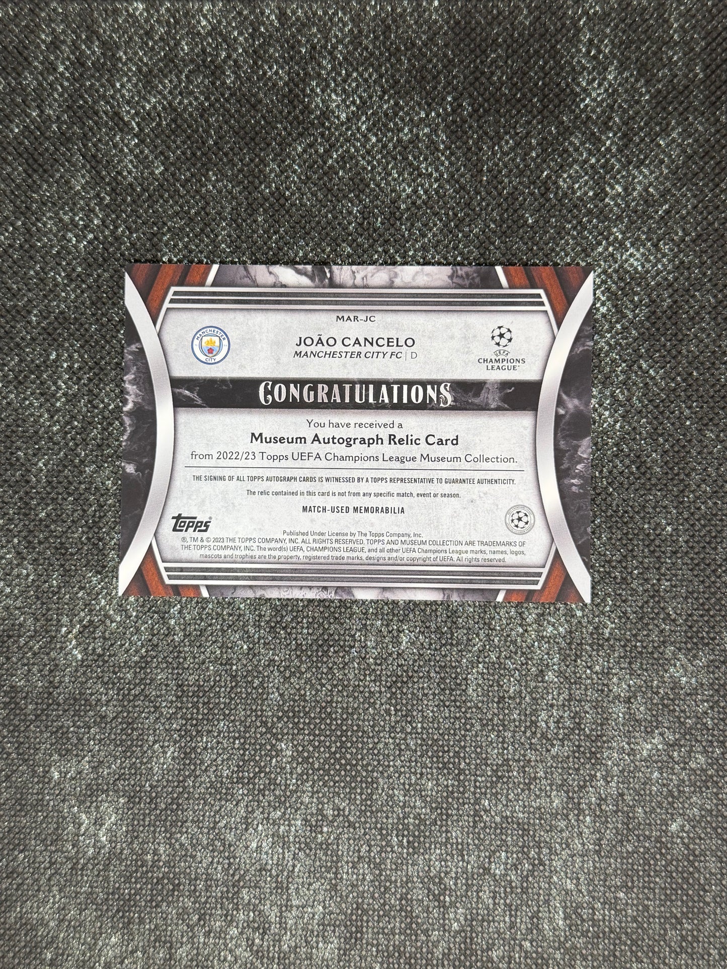 2022-23 Topps UEFA Champions League Museum Collection Autograph Relic Card 47/99 - Joao Cancelo