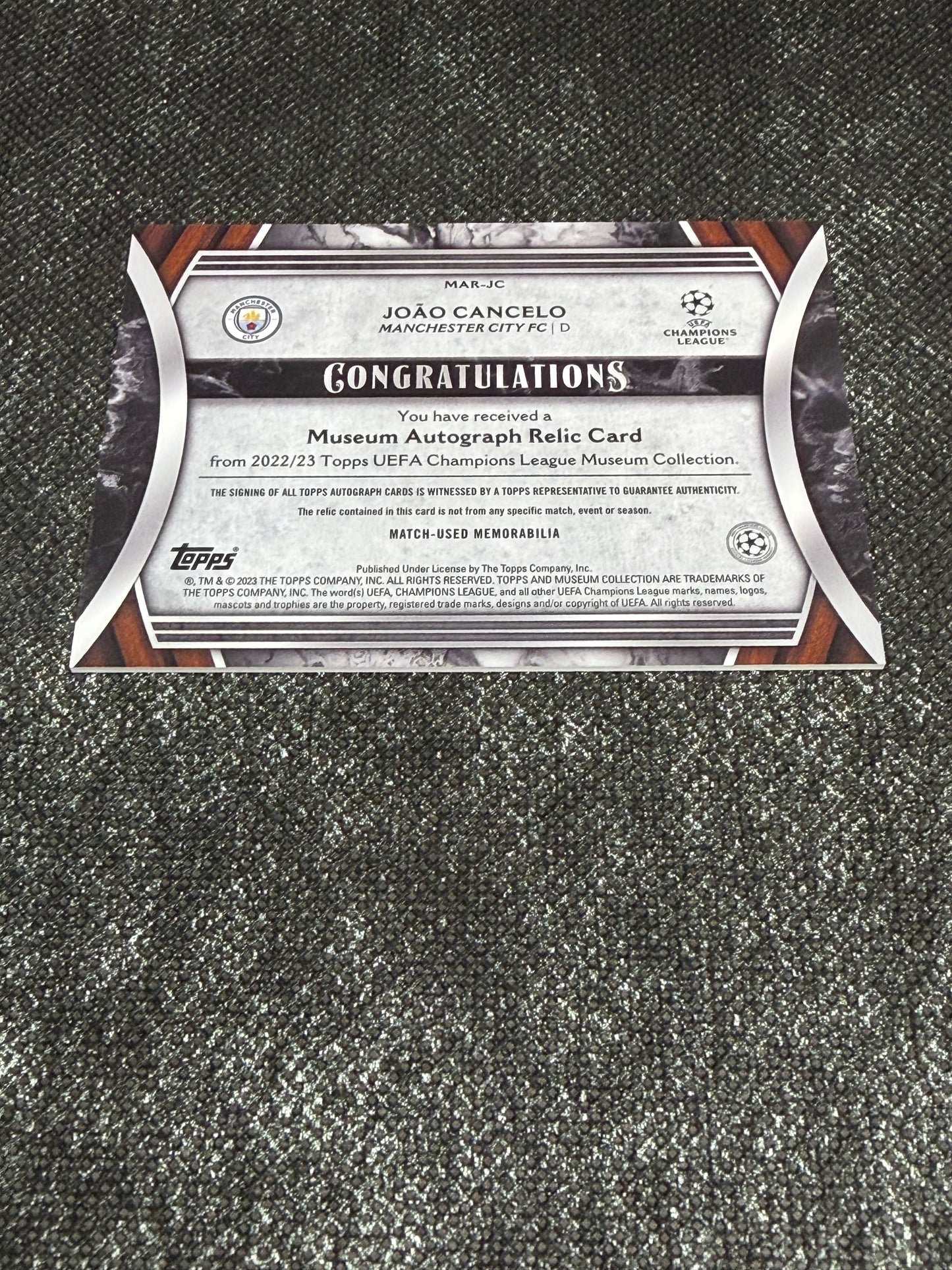 2022-23 Topps UEFA Champions League Museum Collection Autograph Relic Card 47/99 - Joao Cancelo