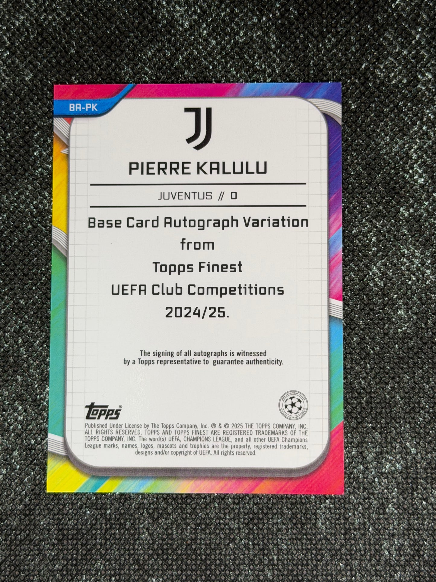 2024-25 Topps Finest UEFA Club Competitions Base Card Autograph Variation Green 86/99 - Pierre Kalulu