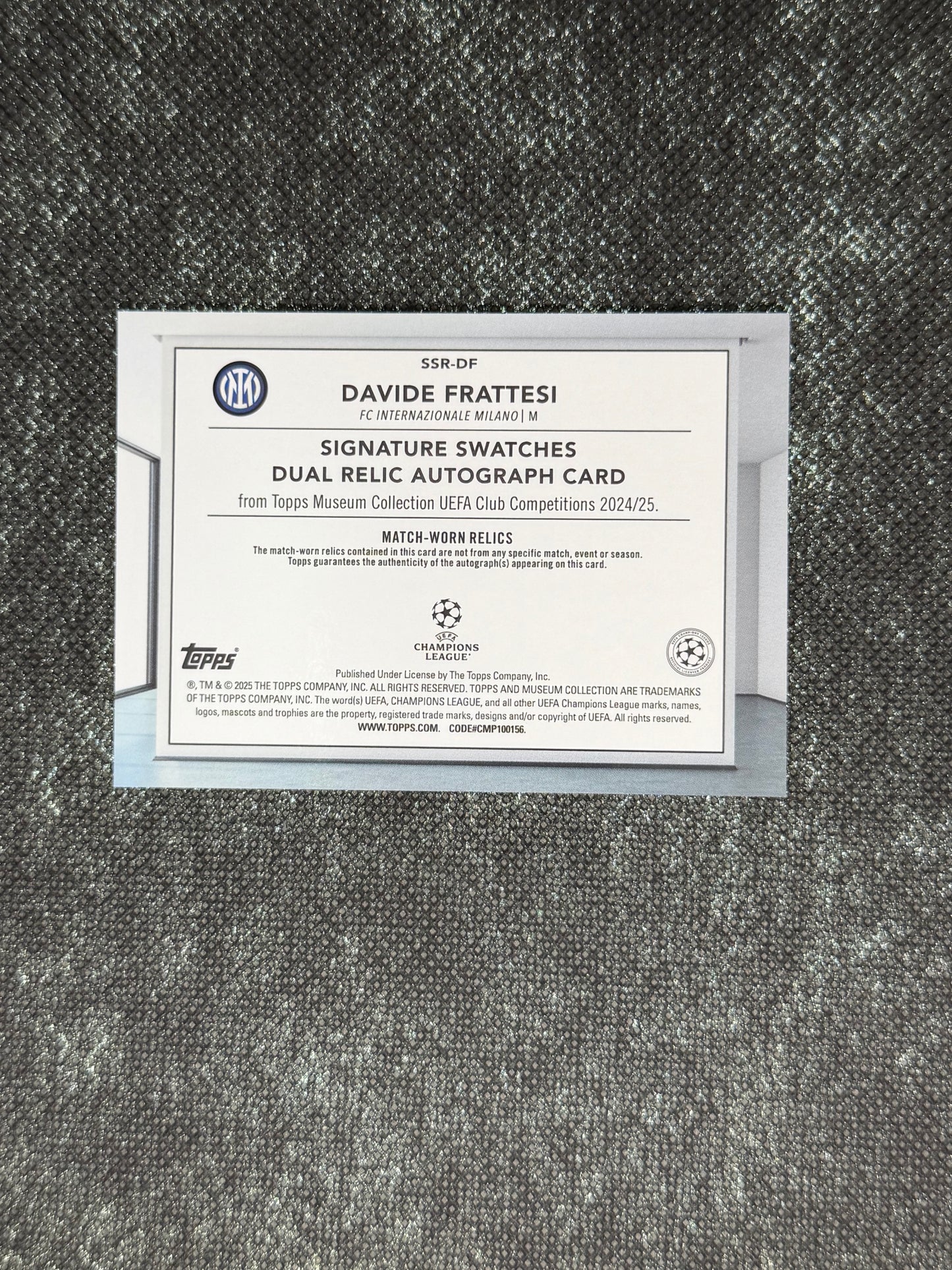 2024-25 Topps Museum Collection UEFA Club Competitions Signature Swatches Dual Relic Autograph Card 071/299 - Davide Frattesi