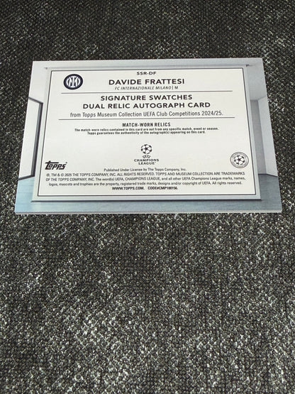 2024-25 Topps Museum Collection UEFA Club Competitions Signature Swatches Dual Relic Autograph Card 071/299 - Davide Frattesi