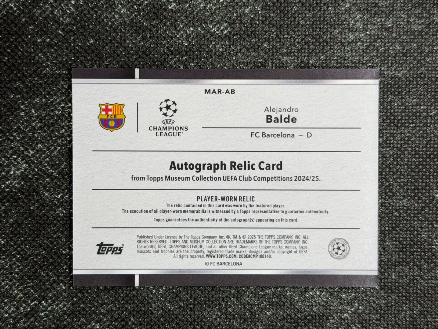 2024-25 Topps Museum Collection UEFA Club Competitions Autograph Relic Card 146/150 - Alejandro Balde
